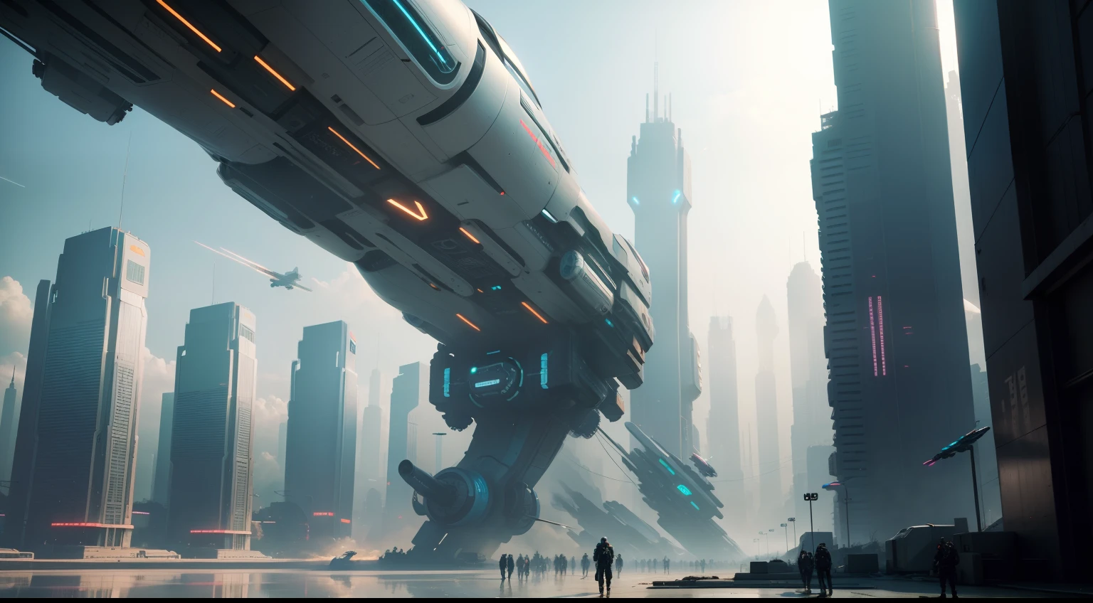 future cyberpunk city with a desoriented crowd of human and androids. flying cars in sky