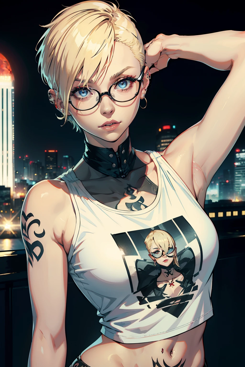 girl, riley nixon haircut, shaved hair, blonde hairstyles, very short hair, bald,, white tank shirt, red moon tattoo, right arm tattooed, wearing glasses, blonde hairstyles, riley nixon haircut, lipstick Black, piercings in the face, on a skyscraper, Looking at the viewer, Storm city, 4k