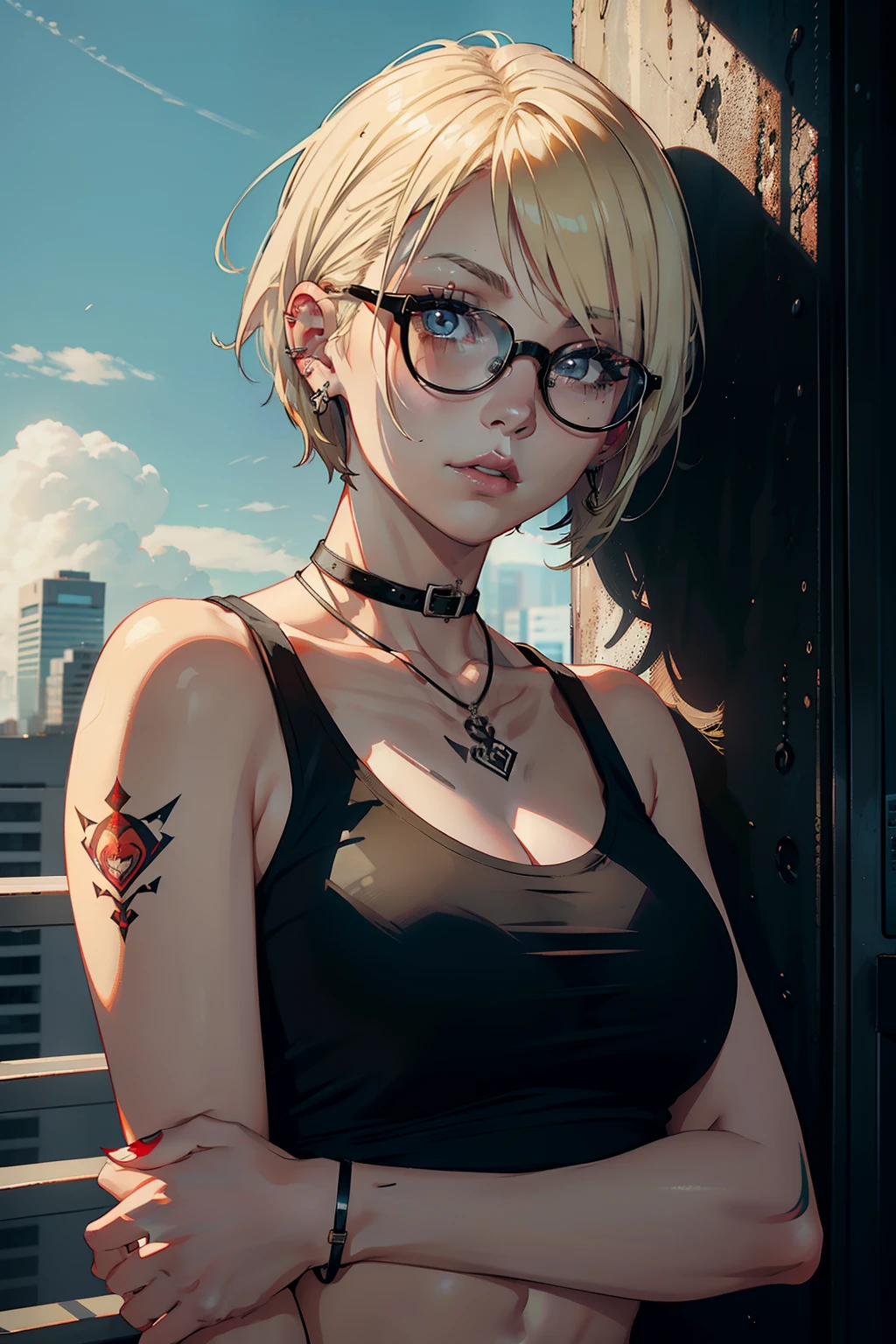young  woman, corte de cabelo de riley nixon, cabelo raspado, blonde hair, cabelos muito curtos, em breve, camiseta tanque branco camisa, tatuagem da lua vermelha, tattooed right arm, wearing glasses, blonde hair, corte de cabelo de riley nixon, Batom Preto, piercings no rosto, in a skyscraper, Looking at the Viewer, Cidade da tempestade, 4k(obra-prima, qualidade superior, melhor qualidade, arte oficial, beautiful and aesthetic: 1.2), 1menina, tatuagem, solo, roupas japonesas, ornamento de cabelo, desembainhamento, cabelo preto, bainha, tatuagem nas costas, olhos azuis, fora do ombro, ombros nus, looking behind, from behind, flor, olhando para o espectador, segurando, maquiagem, 
Interior