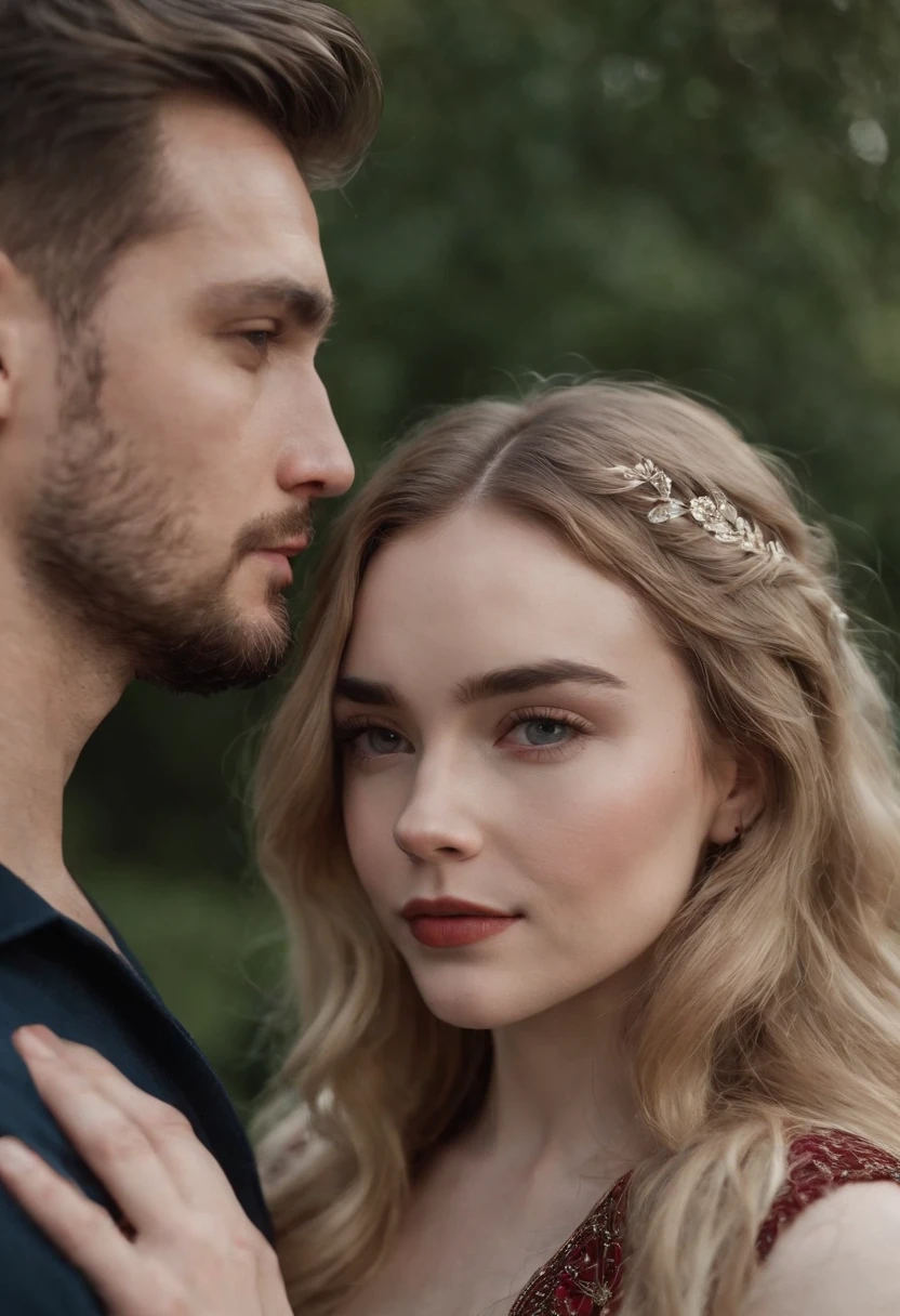 Reymond Cauan, forte de barba, e Sabrina Carpenter, casal apaixonado, pose casal, muito intenso, sensual, apelo masculino alta moda