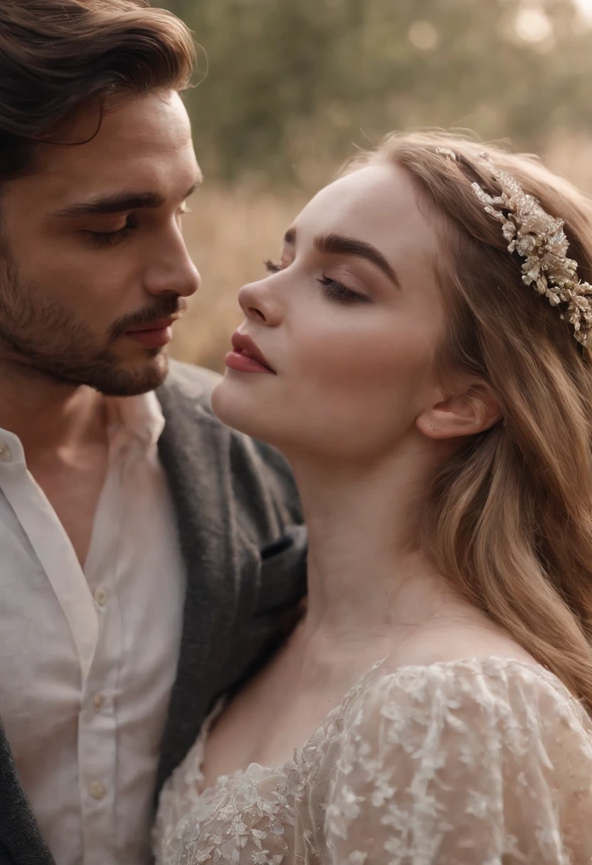Reymond Cauan, forte de barba, e Sabrina Carpenter, casal apaixonado, pose casal, muito intenso, sensual, apelo masculino alta moda