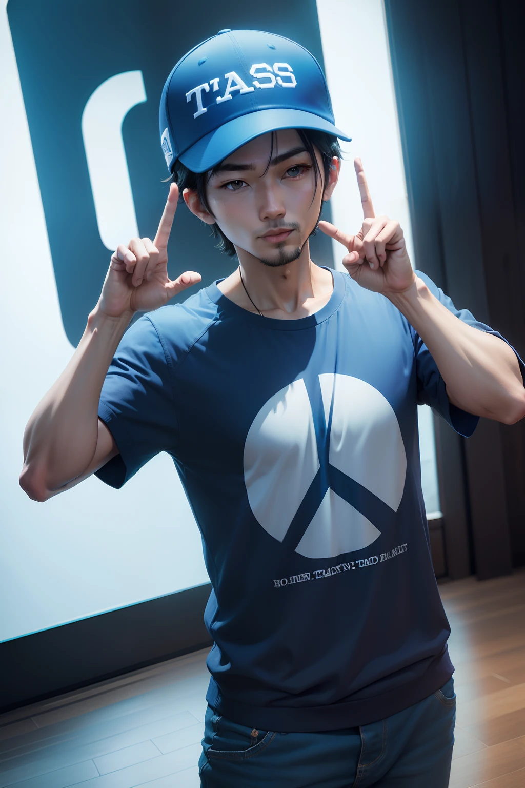 Man in blue shirt and cap making peace sign, t-pose, t - pose, Hiroaki Tsutsumi Estilo, t pose, Foto realista, Foto do perfil, Estilo Zigor Samaniego, 3d, estiloso moderno, t-pose do assistente, Juanmao, tpose