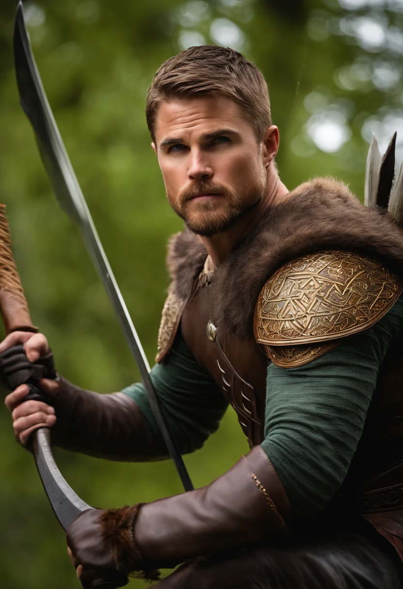 Stephen Amell as a hunter, usando uma pelagem de urso,como um viking,capa de pelos,pelos de animais. Arte medievalesca. Fantasias