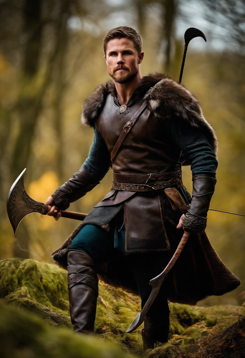 Stephen Amell as a hunter, usando uma pelagem de urso,como um viking,capa de pelos,pelos de animais. Arte medievalesca. Fantasias