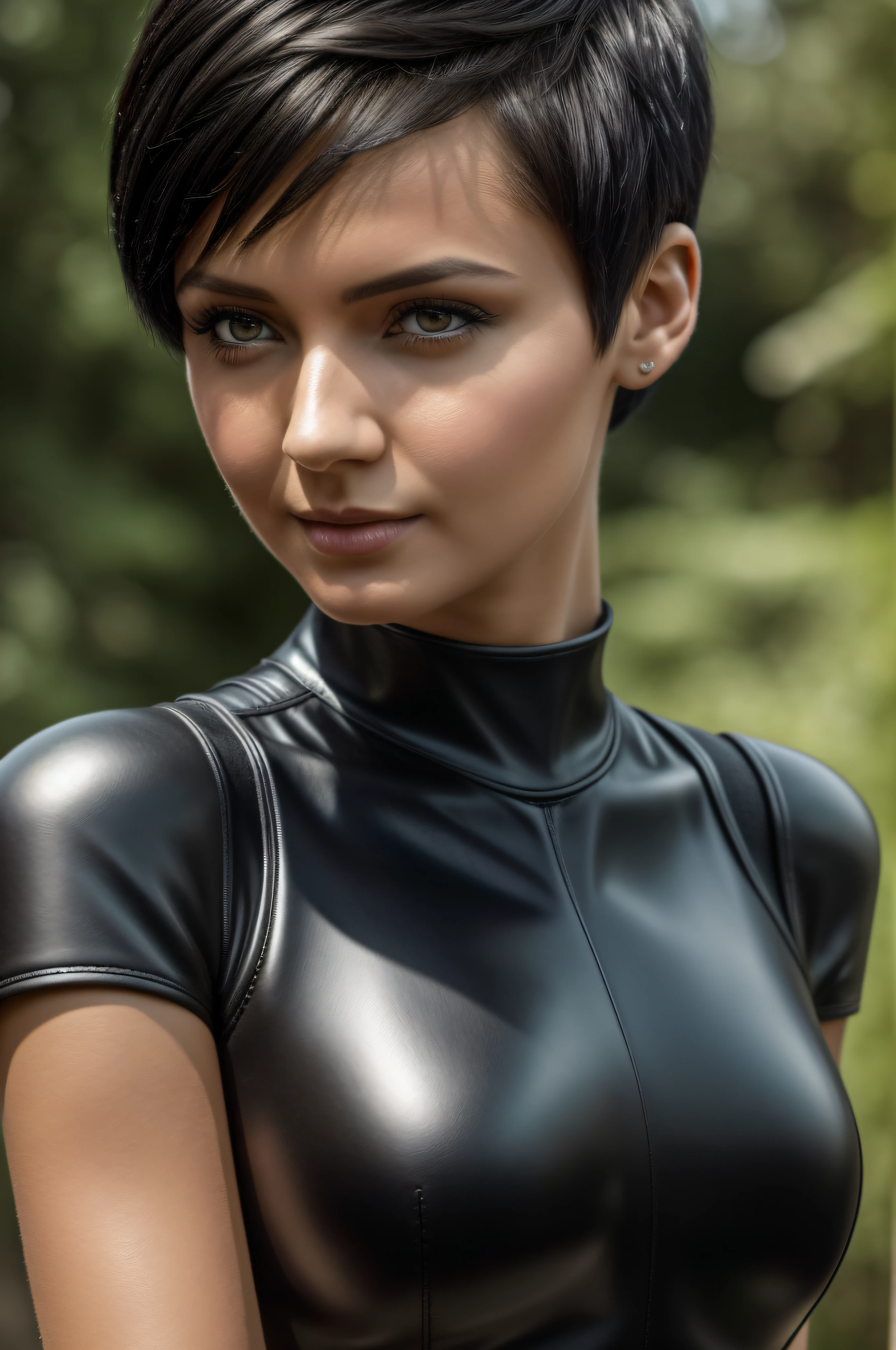 Best quality, 8k, Masterpiece: 1.3, ultra-realistic humanoid android, female android close-up, body made of black shining steel, body of an ultra-modern robot, posing for a photo, fairy shaped short black hair, head like anastasia ovchinnikova, black short hair , short black hair pixie cut, with short hair, head like Olga Buzova, short black hair, alina ivanchenko, short dark haircut, pixie haircut, pixie haircut, julia gorokhova, short dark hair, Masterpiece, (short black hair), outdoors, best quality, very high resolution, raw photo, bright sunlight,