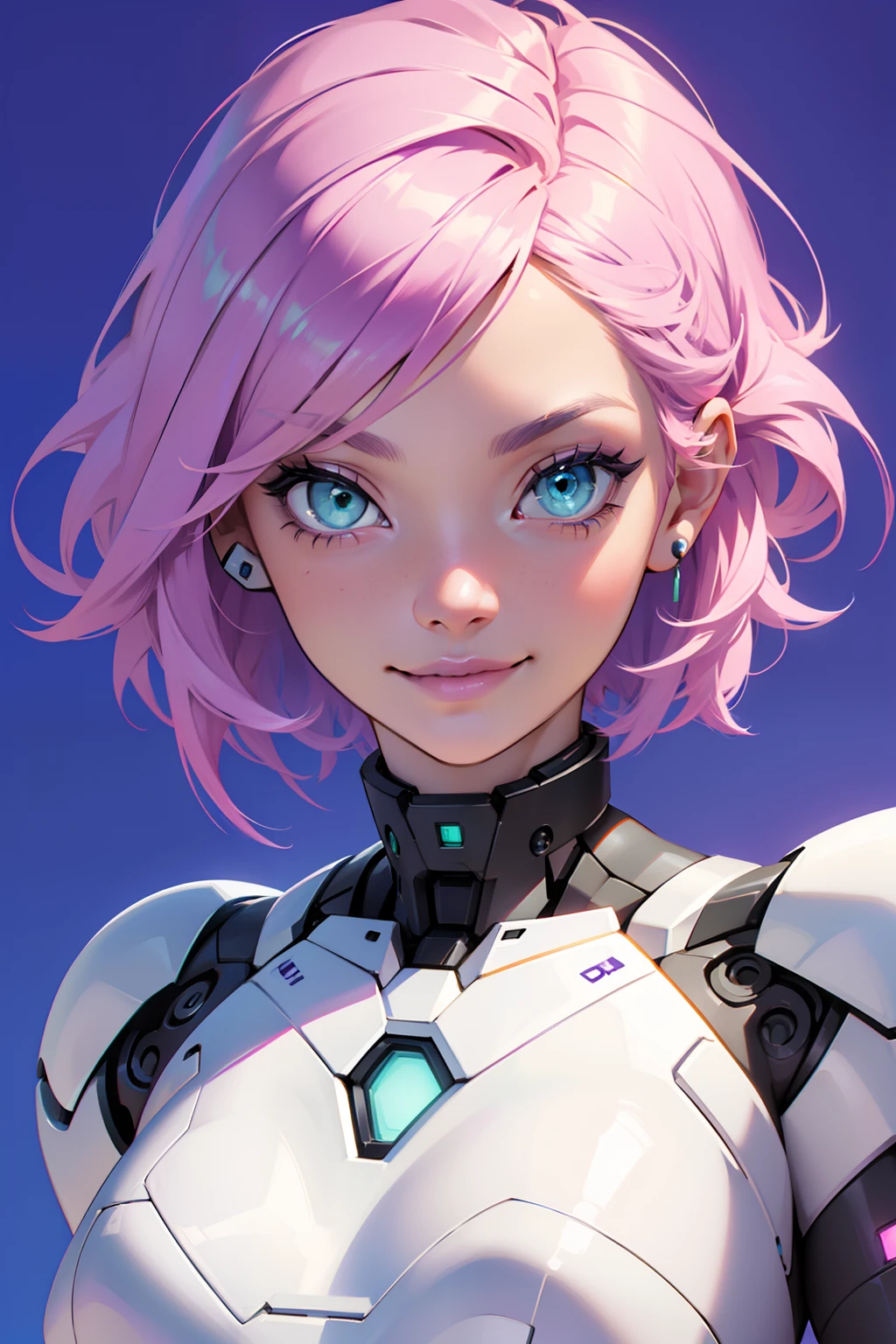 a robotic fantasy girl with robotic face, pink hair style, wearing a white t shirt, happy face and little smile with blue lips, big green eyes, simple purple background, make it for NFT market