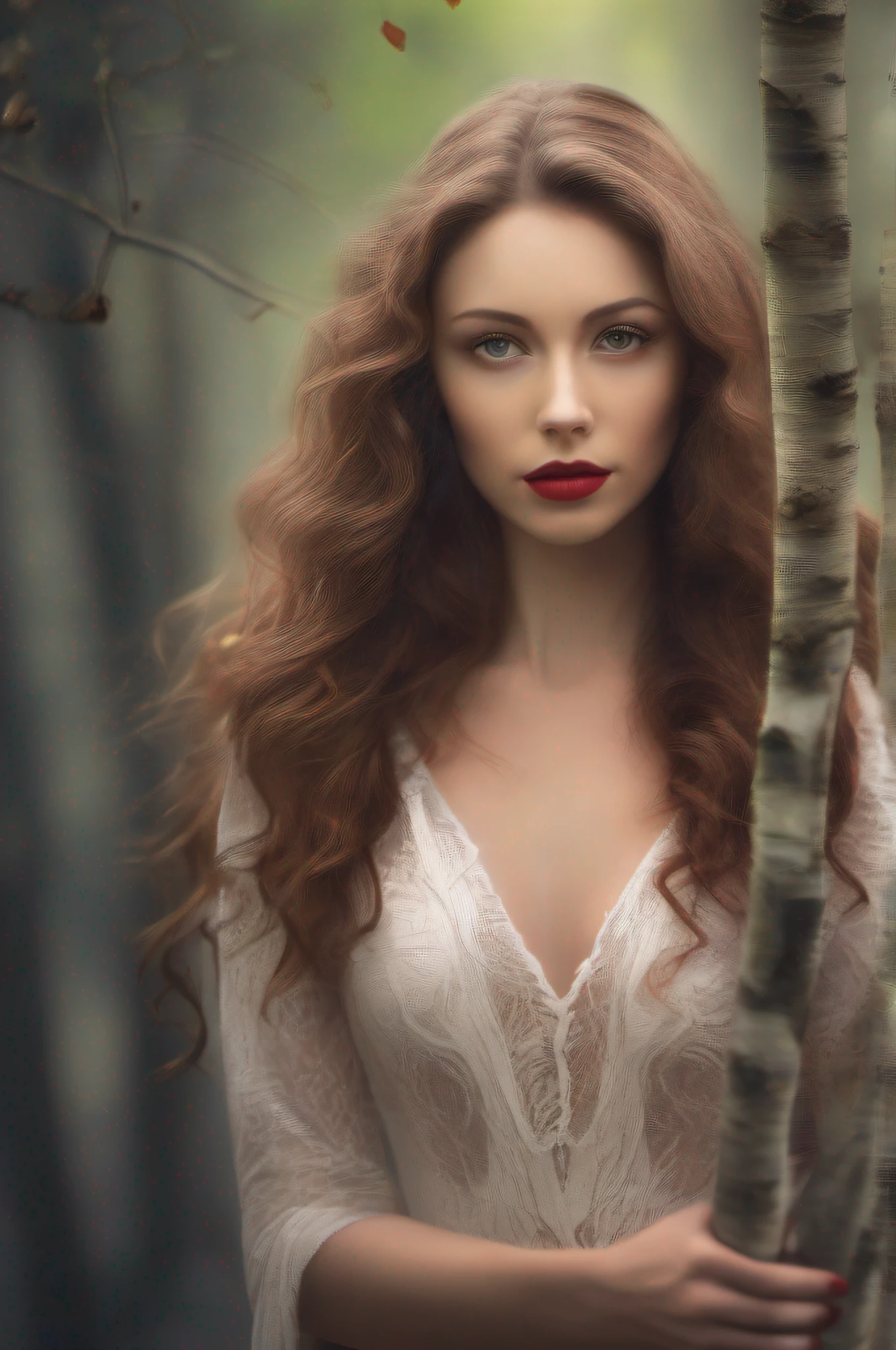 realistic portrait, A fleeting vision, The Genius of Pure Beauty, Fantastic beauty
The face of a young woman, caucasian, beautiful look, Detailed elegant red dress translucent
Red silk, Beautiful female model with soft lush curly warm brown long hair, birch
Forest background, Ultra Focus, The face is illuminated, Perfect symmetrical eyes, Gorgeous face,
Sun ray tracing, 8K resolution, UHD