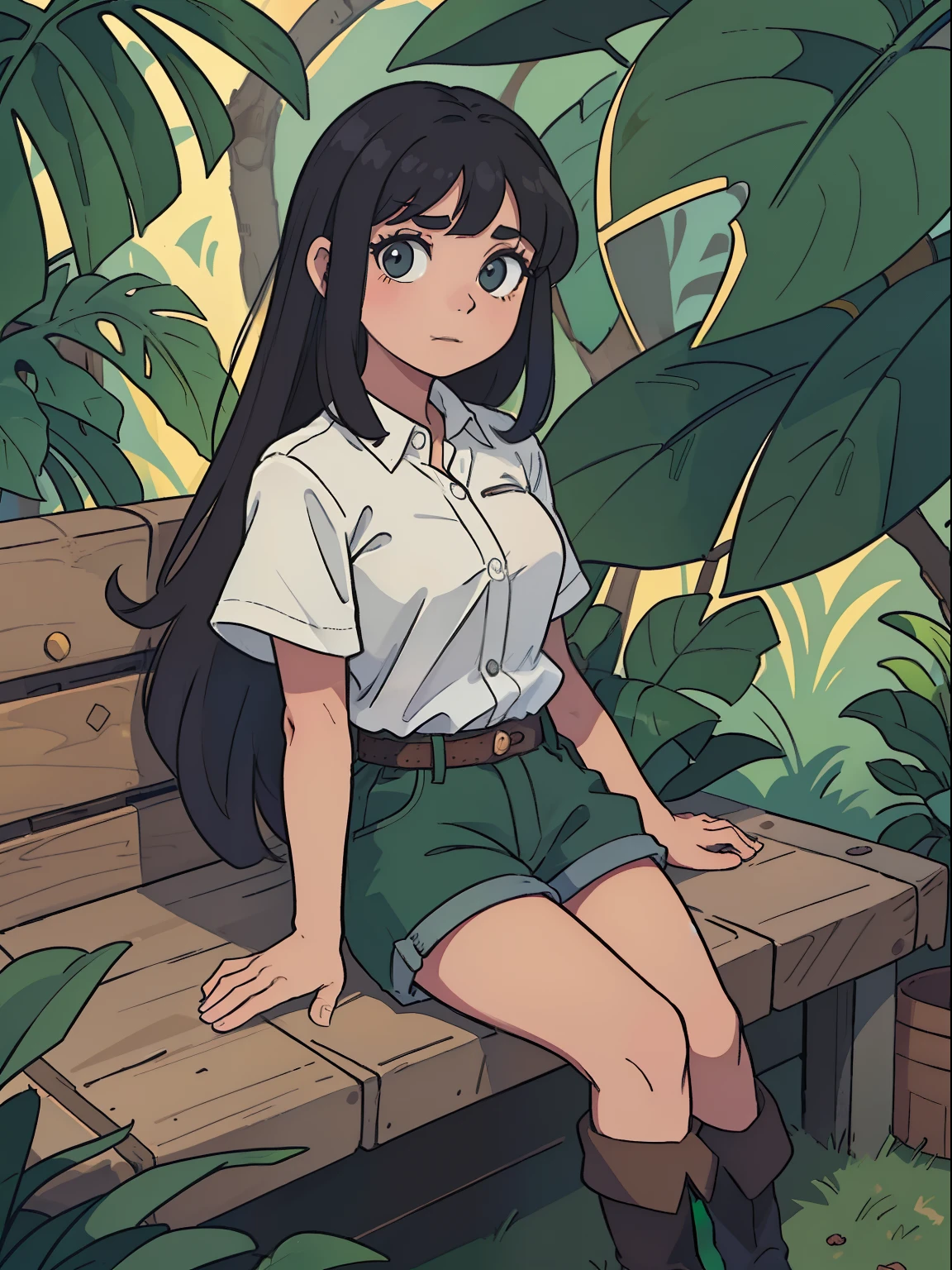 (Masterpieci)uma garota (solo),16 anos,pele parda,cabelo preto,cabelo rabo de cavalo,green button-down shirt,shorts curto marrom,botas marrom,seios grandes,bunda grande,no meio da selva,melhor qualidade,8k,corpo inteiro