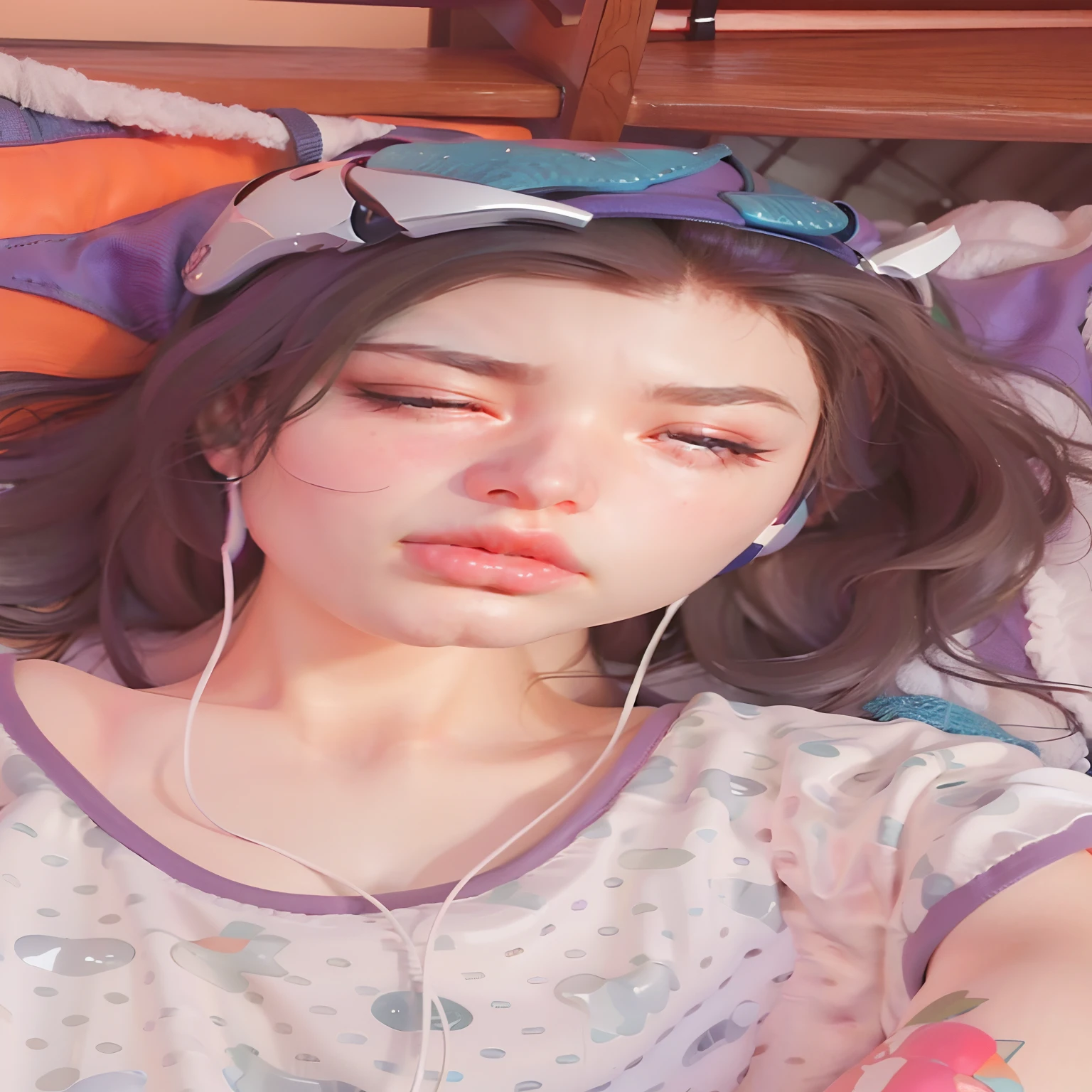 arafed woman laying on a bed with headphones on and a colorful background, 18 years old, with cute - fine - face, profile image, beautiful cute, cute pout, cute beautiful, ruan cute vtuber, 1 6 years old, profile pic, pale-skinned persian girl, with kind face, khyzyl saleem