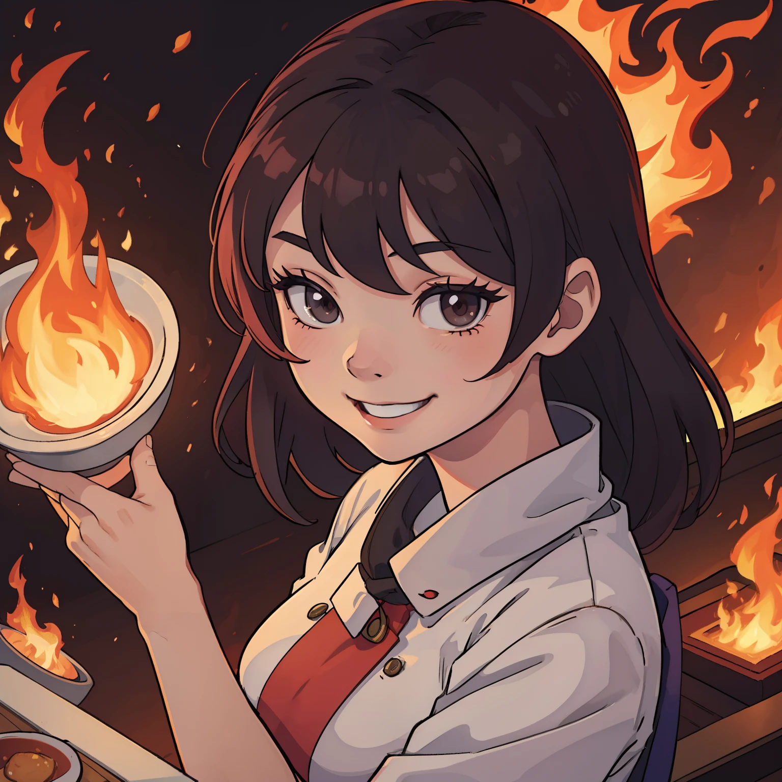 A woman asian cheff controlling fire with a  smile
