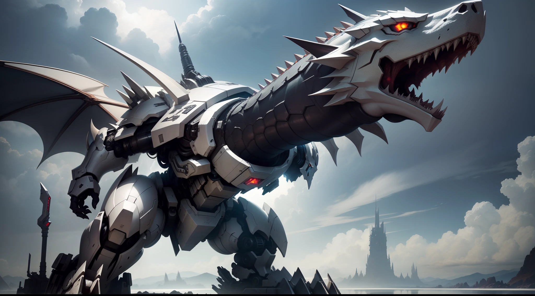 ((best quality)), ((masterpiece)), (detailed), giant mecha, horror beauty, perched on a cloud, (fantasy illustration:1.3), enchanting gaze, otherworldly charm, mystical sky, (Luis Royo:1.2), (Yoshitaka Amano:1.1), moonlit night, soft colors, (detailed cloudscape:1.3), (high-resolution:1.2)