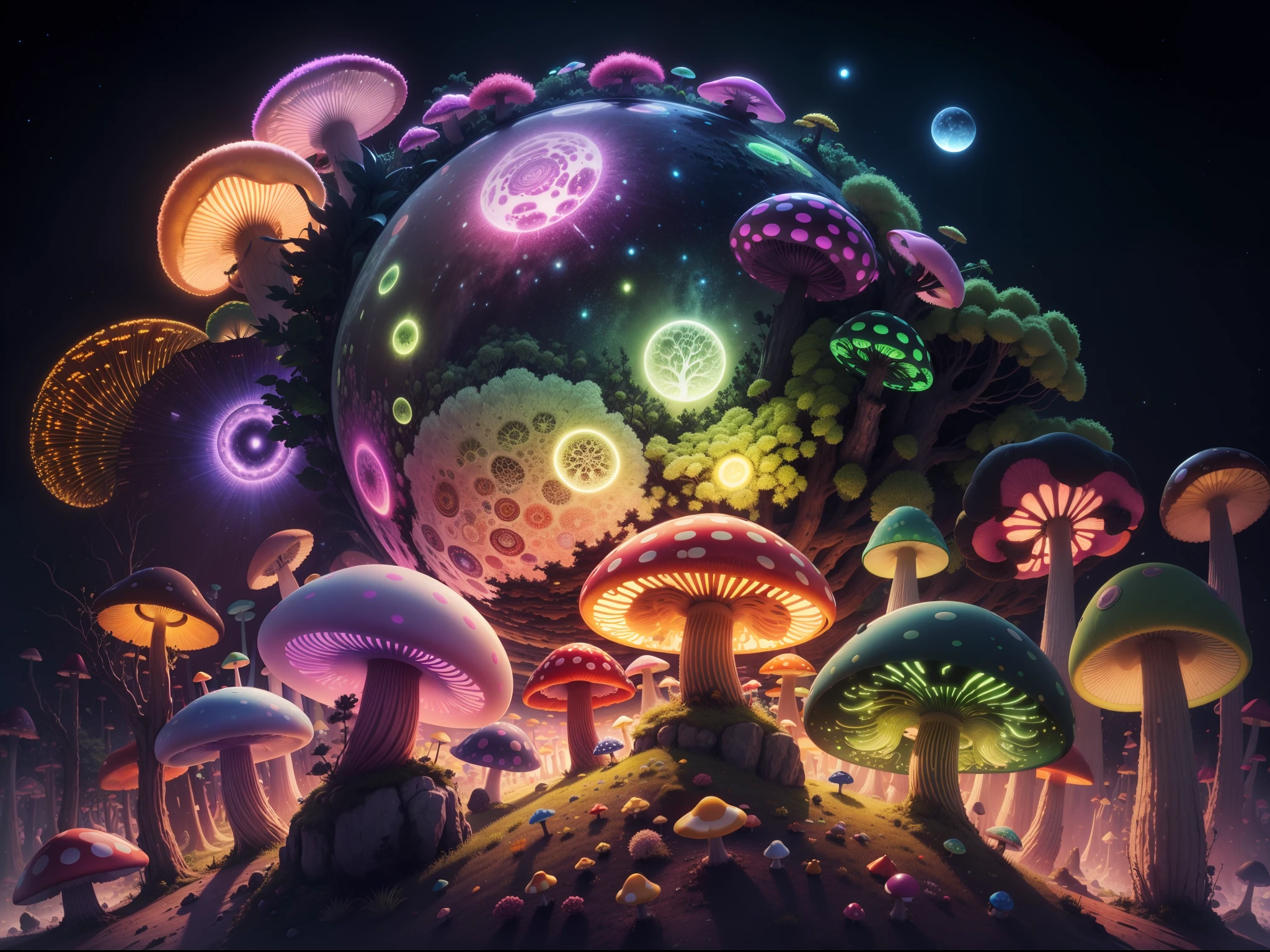 8k , viele details , hyperrealistisch , deviantart , psycedelic , mandelbrot fraktal , dichter und Bunter Pilzwald , viele Pilze psycedelic , unbekannter Planet , fremde Welt , Bei Nacht viele sterne , viele bunte farben , Bold colors , neon farben , dynamisches Licht , Mushroom , Pilze , Pilzwelt , surreal