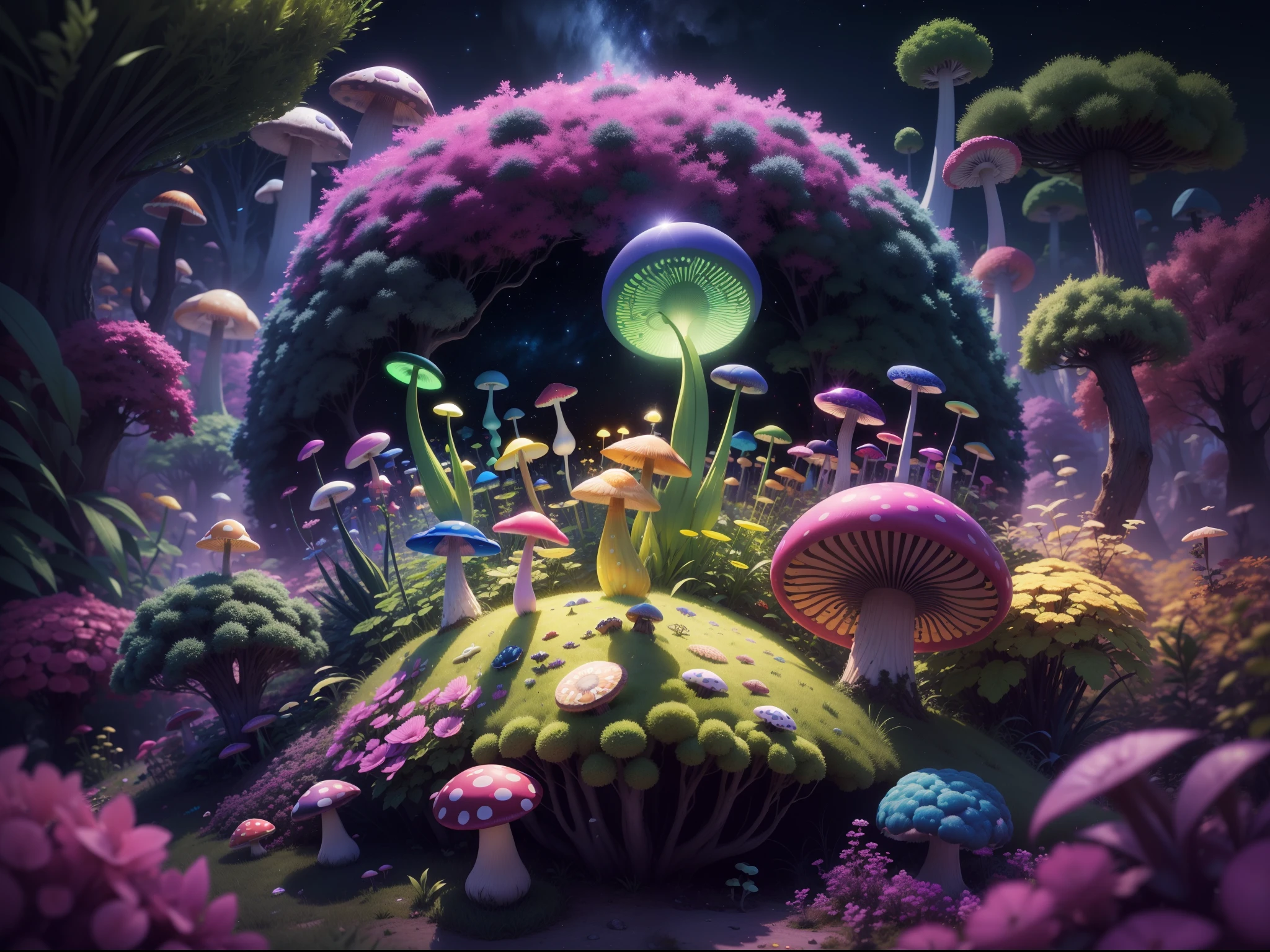 8k , viele details , hyperrealistisch , deviantart , psycedelic , mandelbrot fraktal , dichter und Bunter Pilzwald , viele Pilze psycedelic , unbekannter Planet , fremde Welt , Bei Nacht viele sterne , viele bunte farben , Bold colors , neon farben , dynamisches Licht , Mushroom , Pilze , Pilzwelt , surreal