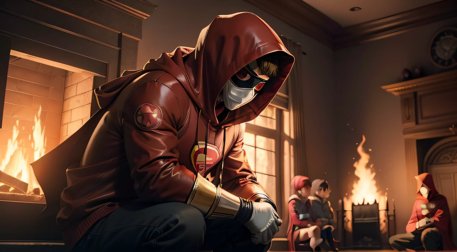 "(((anime, Secret Super Dad))) Secret Super Dad wearing a hood, mask covering his eyes and a red cape, uniform with "P" symbol "P" on the chest, sitting and telling a story to a group of children in normal clothes around a fireplace (sinematographic lighting), (Stunning 8K quality)"