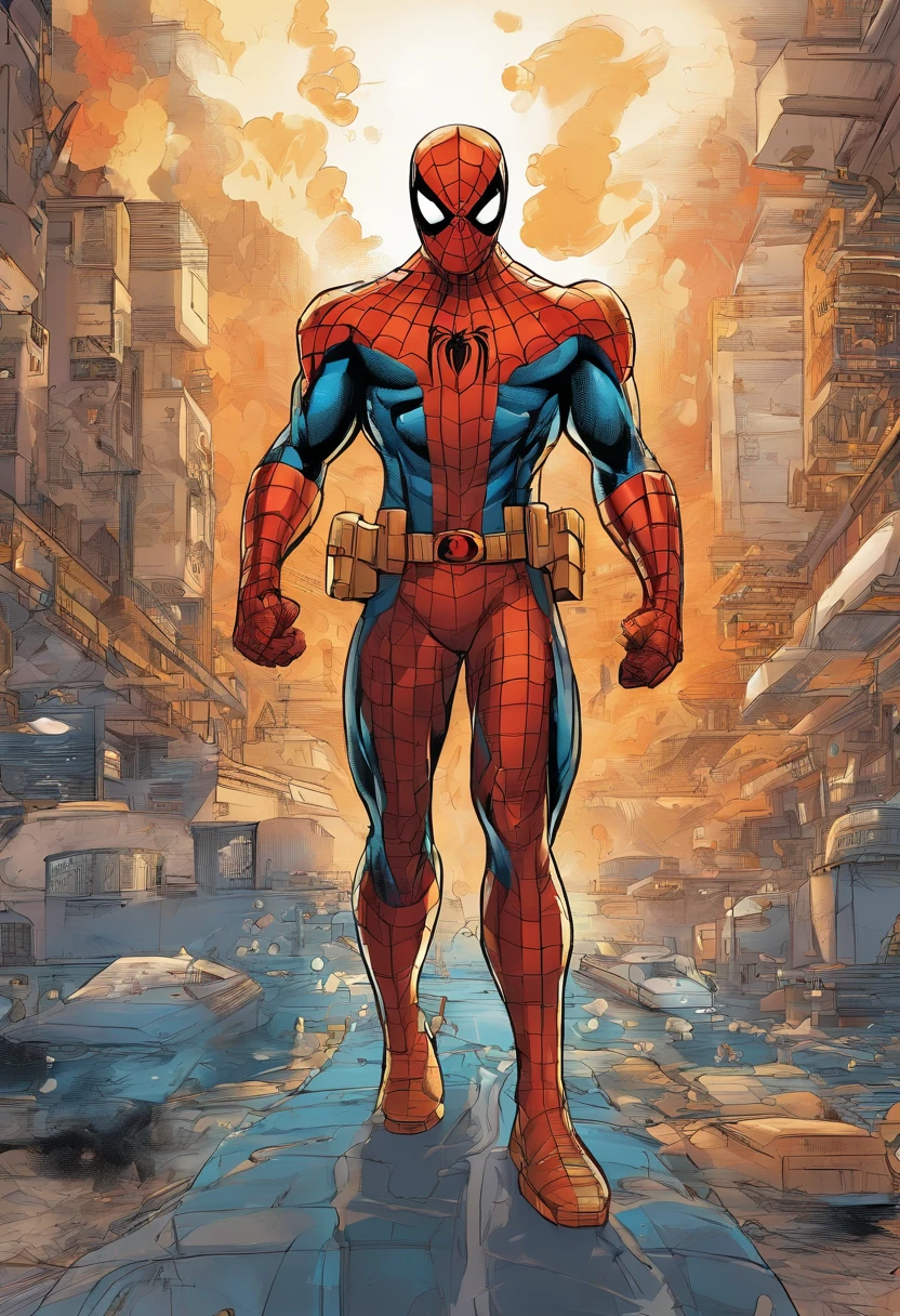 (CG extremamente detalhado e realista, master part, best quality, ultra-detalhado) Homem-Aranha em traje dourado e branco, (best ilumination, Melhor sombra, um extremamente delicado e bonito), Dynamic angle, cinematic atmospheric, mechnical, smoke billowing, vapor, cores vibrantes.