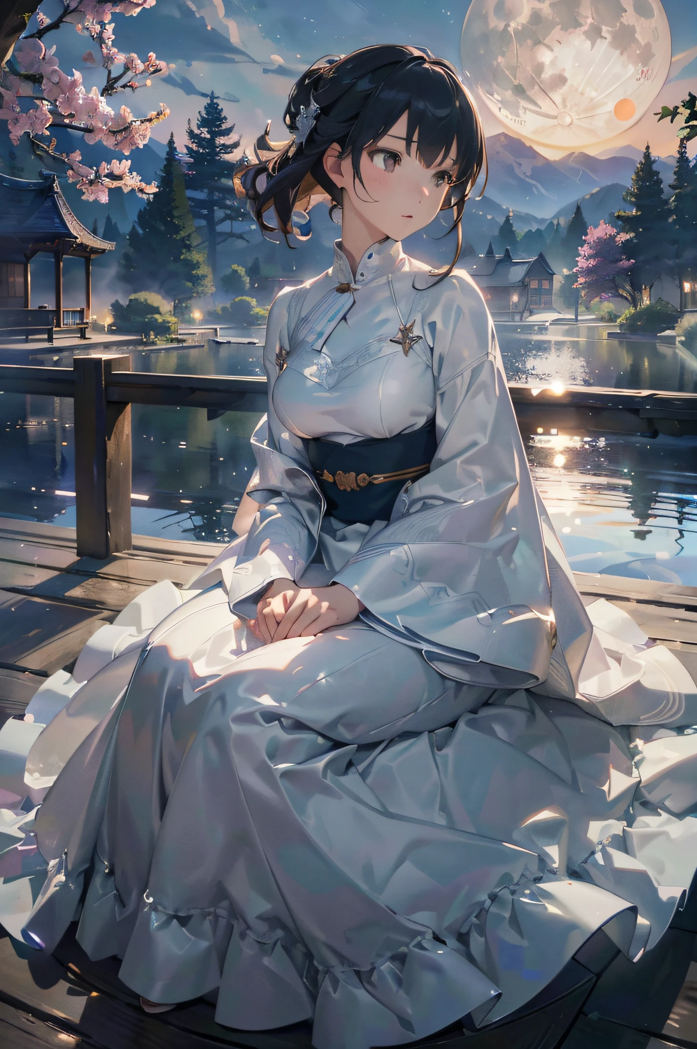 (Official art、Best Quality、Unity 8k Wallpapers、32K、masterpiece、ultra-detailliert、超A high resolution、realisitic、Photorealsitic:1.2)、(Cinematic lighting:1.2)、Fireglow effect、film grains、Best Shadows、Rim lighting、side lights、(Ultra-detailed and complex 3D rendering)、Detailed beautiful face and eyes、A slender、Medium bust、(Full body:1.2)、(sideshot、Looking up at the moon、Looking away:1.2)、Highly detailed background、beauitful face、blurry backround、a beauty girl、(super detailed skin、detailed skin textures:1.3)、Japan garden、cowboy shot、Sit on the porch、One full moon in the sky、Moon、dumpling、