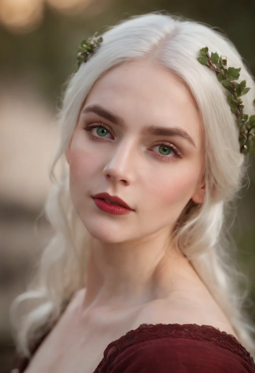(((a deep reddish wound crosses her left cheek))) fair complexion, woman around 19 years old, natural white hair, distinctive green eyes, wearing kohl, slender and graceful, beautiful, candlelight in a medieval setting, ultra sharp focus, realistic shot, medieval female clothes, tetradic colors (scar:1.4)