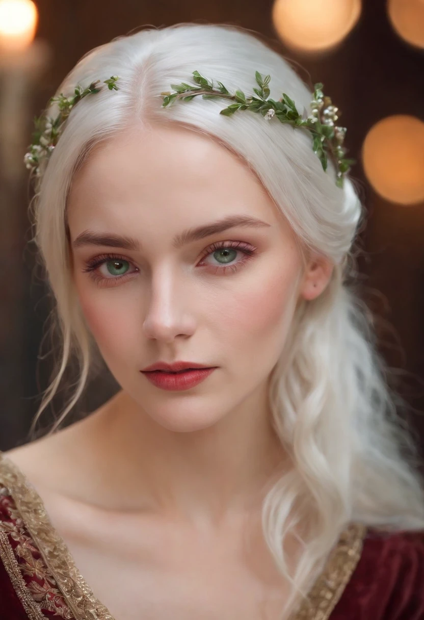 (((a deep reddish wound crosses her left cheek))) fair complexion, woman around 19 years old, natural white hair, distinctive green eyes, wearing kohl, slender and graceful, beautiful, candlelight in a medieval setting, ultra sharp focus, realistic shot, medieval female clothes, tetradic colors (scar:1.4)