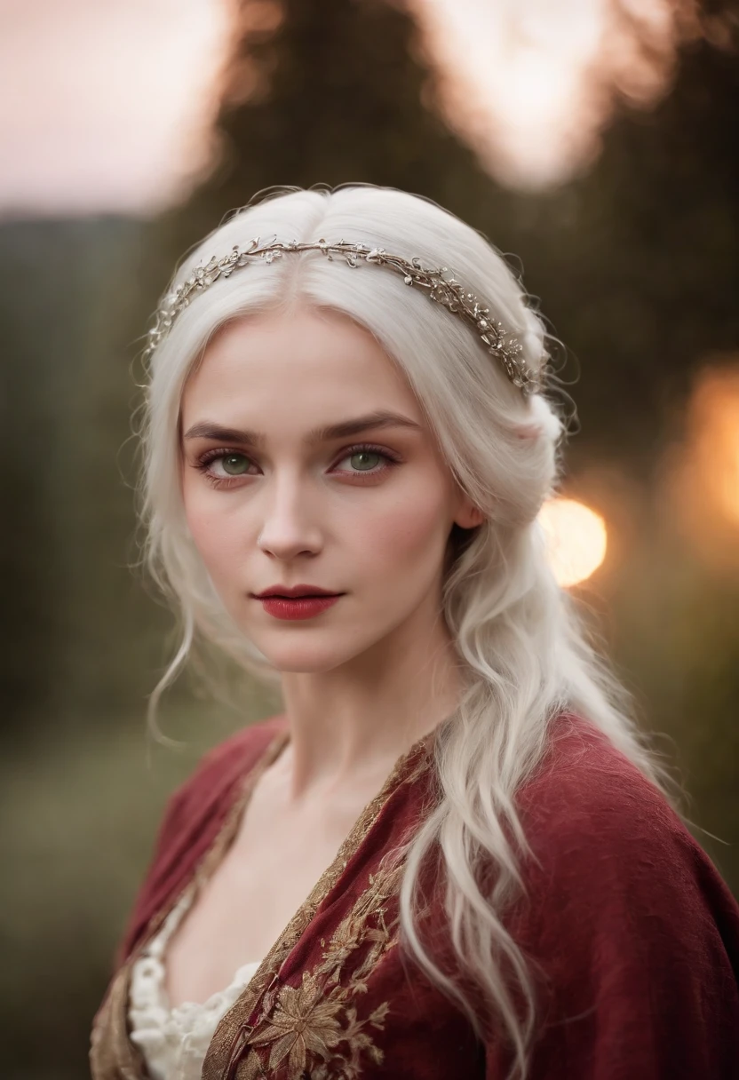(((a deep reddish wound crosses her left cheek))) fair complexion, woman around 19 years old, natural white hair, distinctive green eyes, wearing kohl, slender and graceful, beautiful, candlelight in a medieval setting, ultra sharp focus, realistic shot, medieval female clothes, tetradic colors (scar:1.4)