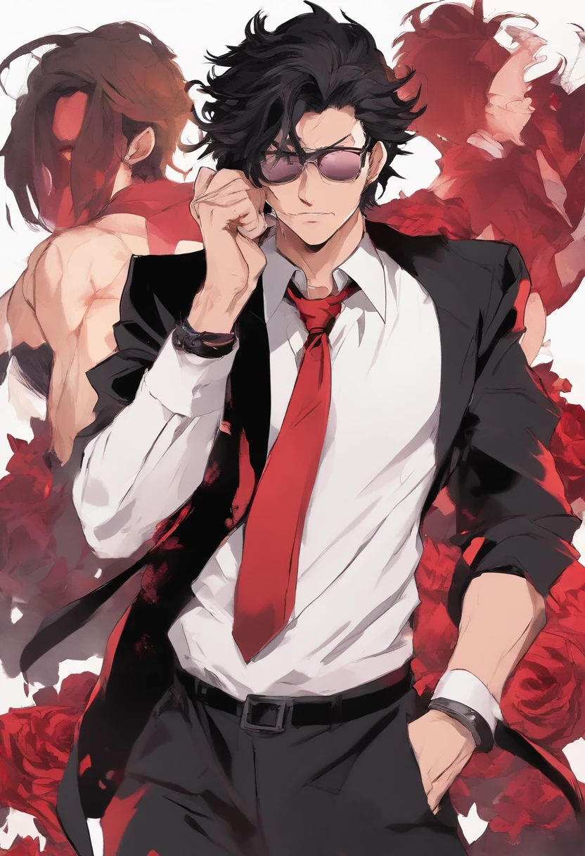 cartoonish style,helltaker,Guy with legs,in a red tie,wearing sunglasses,in a black suit with a white blouse,badass pose,Hand in hand,blushful,hell,Gay image,black hairstyle
