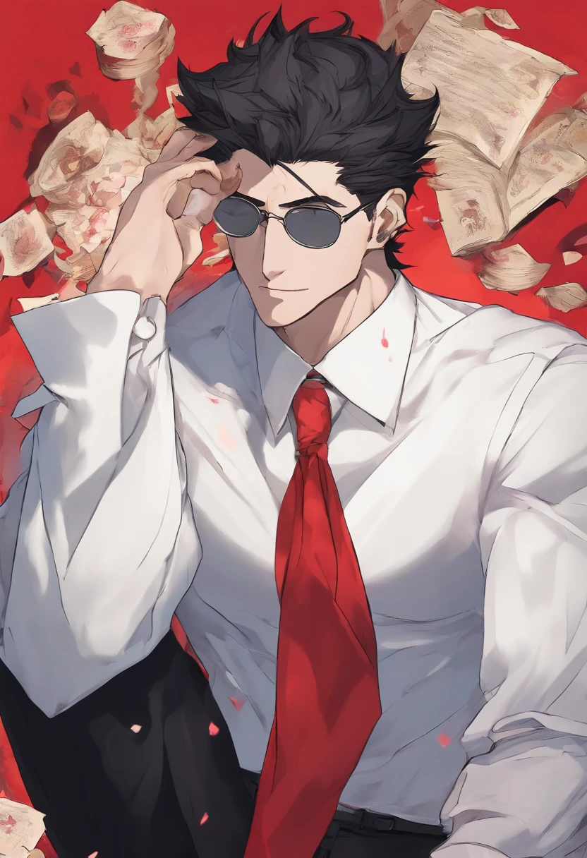 cartoonish style,helltaker,Guy with legs,in a red tie,wearing sunglasses,in a black suit with a white blouse,badass pose,Hand in hand,blushful,hell,Gay image,black hairstyle