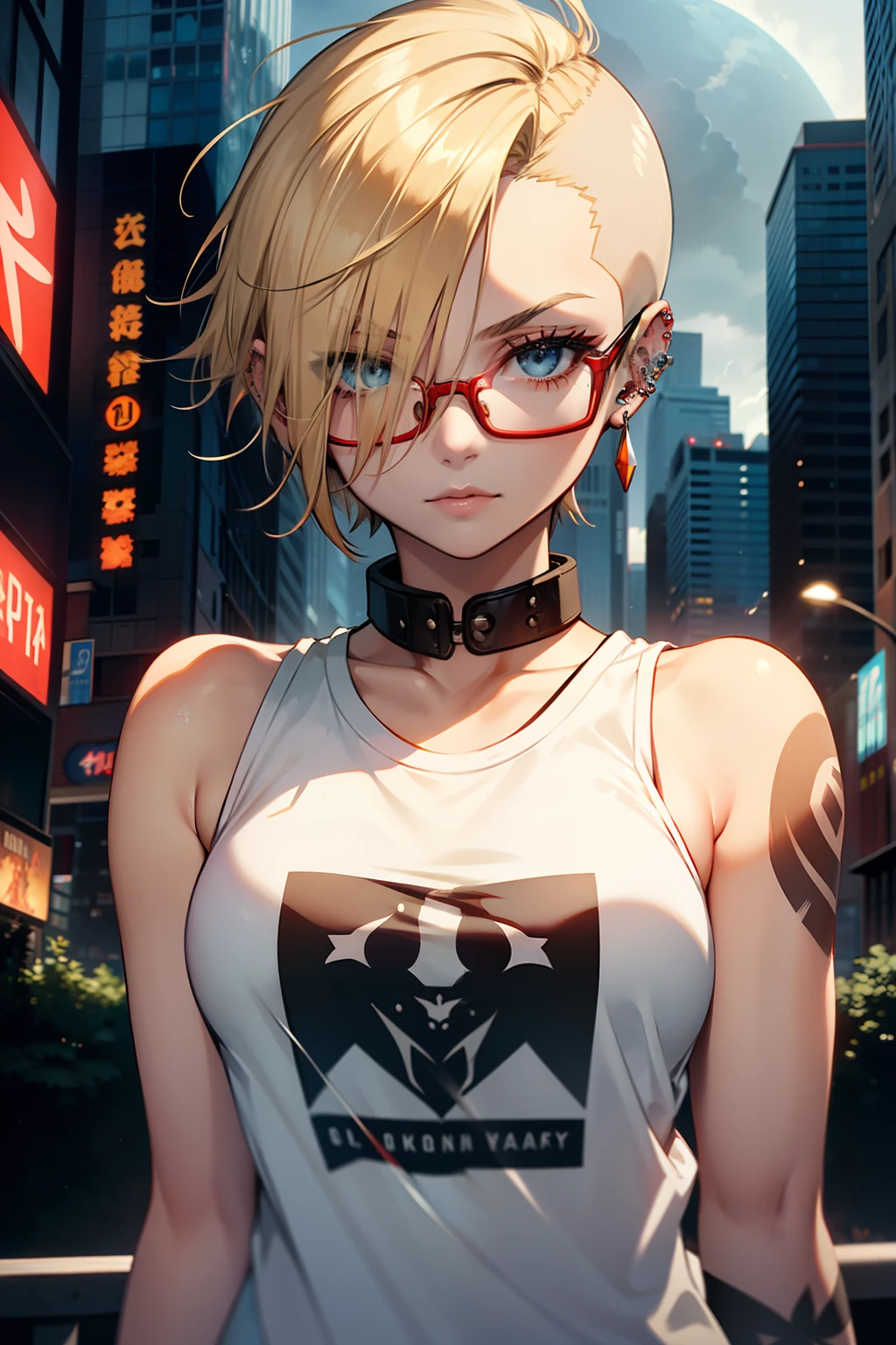 young woman, riley nixon haircut, shaved hair, blonde hair, very short hair, bald, white tank t-shirt shirt, red moon tattoo, right arm tattooed, wearing glasses, blonde hair, riley nixon haircut, lipstick Black, piercings on the face, on a skyscraper, Looking at the viewer, Storm city, 4k