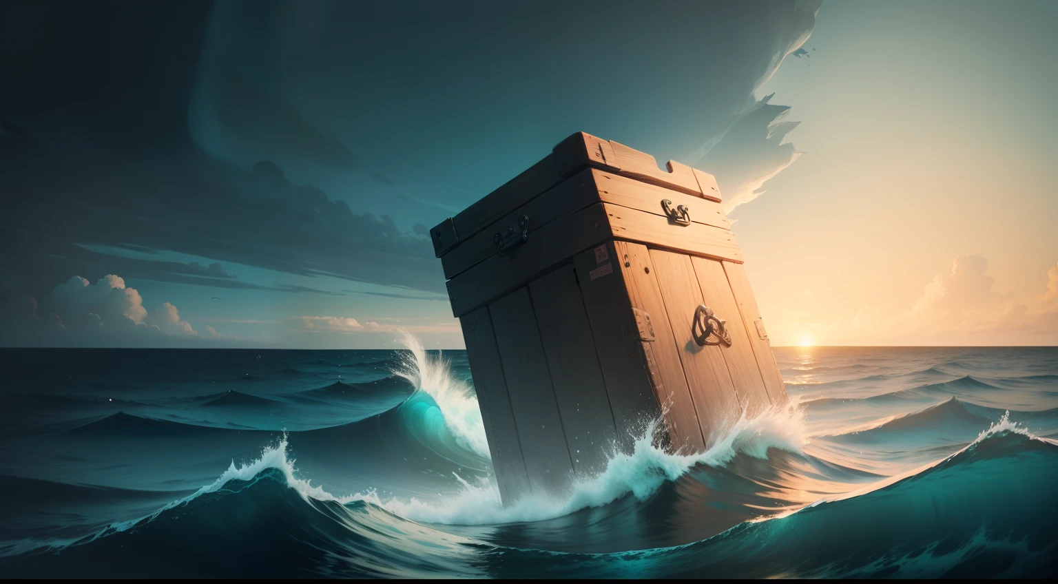 The wooden box is swallowed by the depths of the ocean