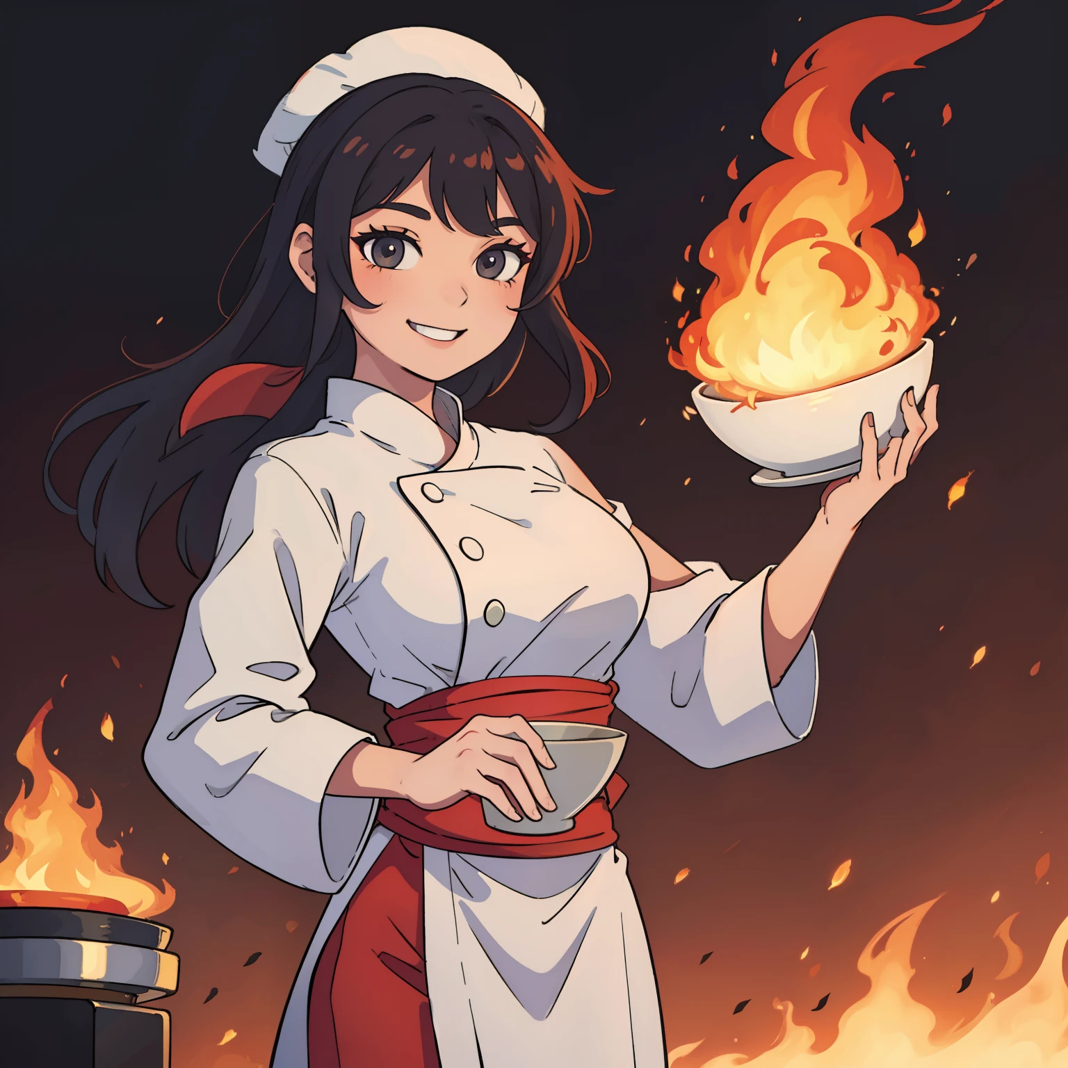 A woman asian cheff controlling fire with a sexy smile artistic