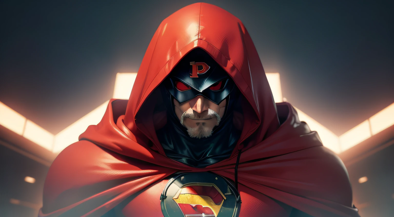"(((anime, Secret Super Dad))) Secret Super Dad wearing a hood, mask covering his eyes and a red cape, uniform with "P" "P" symbol on chest height, (synematographic lighting), (Stunning quality in 8K)"