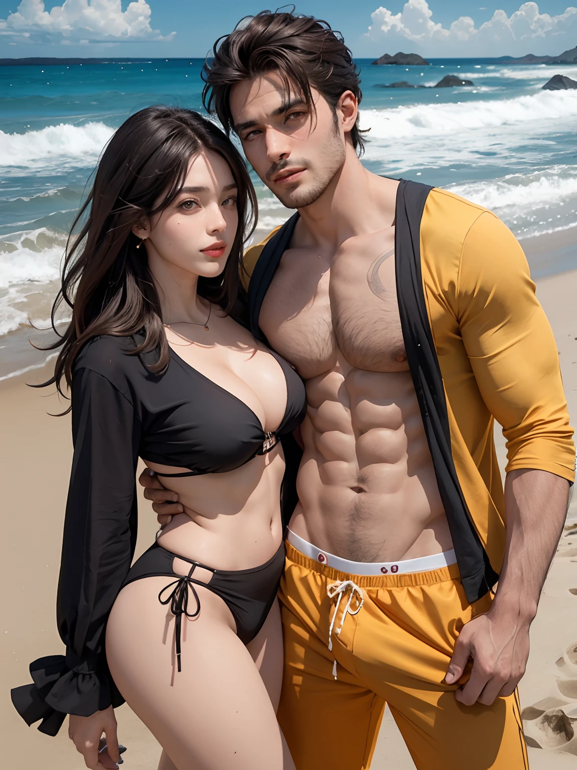 Um casal de namorados, 2pessoas, dupla, homem e mulher, mulher de cabelos longos e pretos, corpo sensual, sexy, homem de cabelo laranja, sorrindo, sexy, large bulge in the underwear, roupa de praia