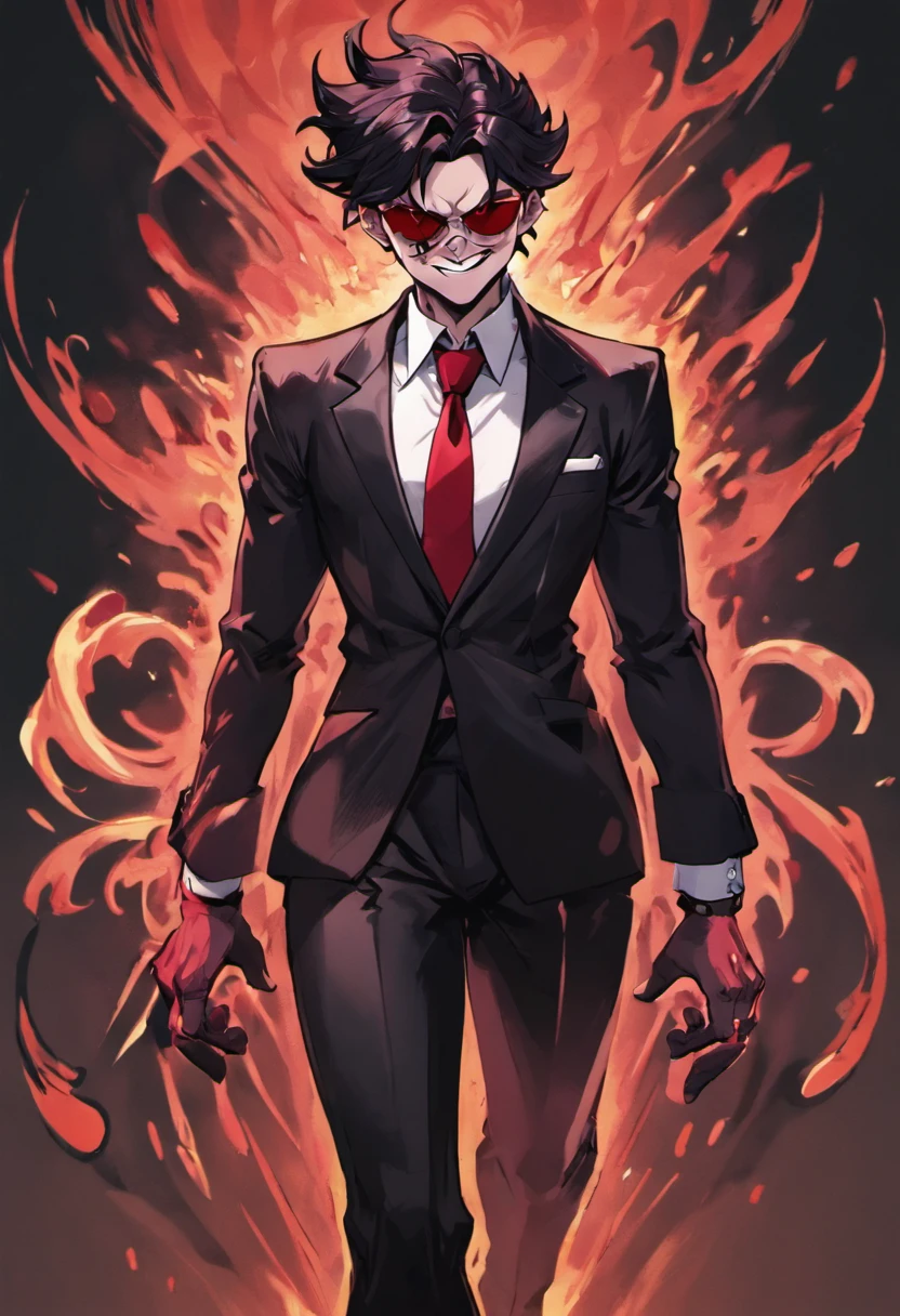 cartoonish style,helltaker,Guy with legs,in a red tie,wearing sunglasses,in a black suit with a white blouse,badass pose,Hand in hand,blushful,hell,Gay image,Black hairstyle