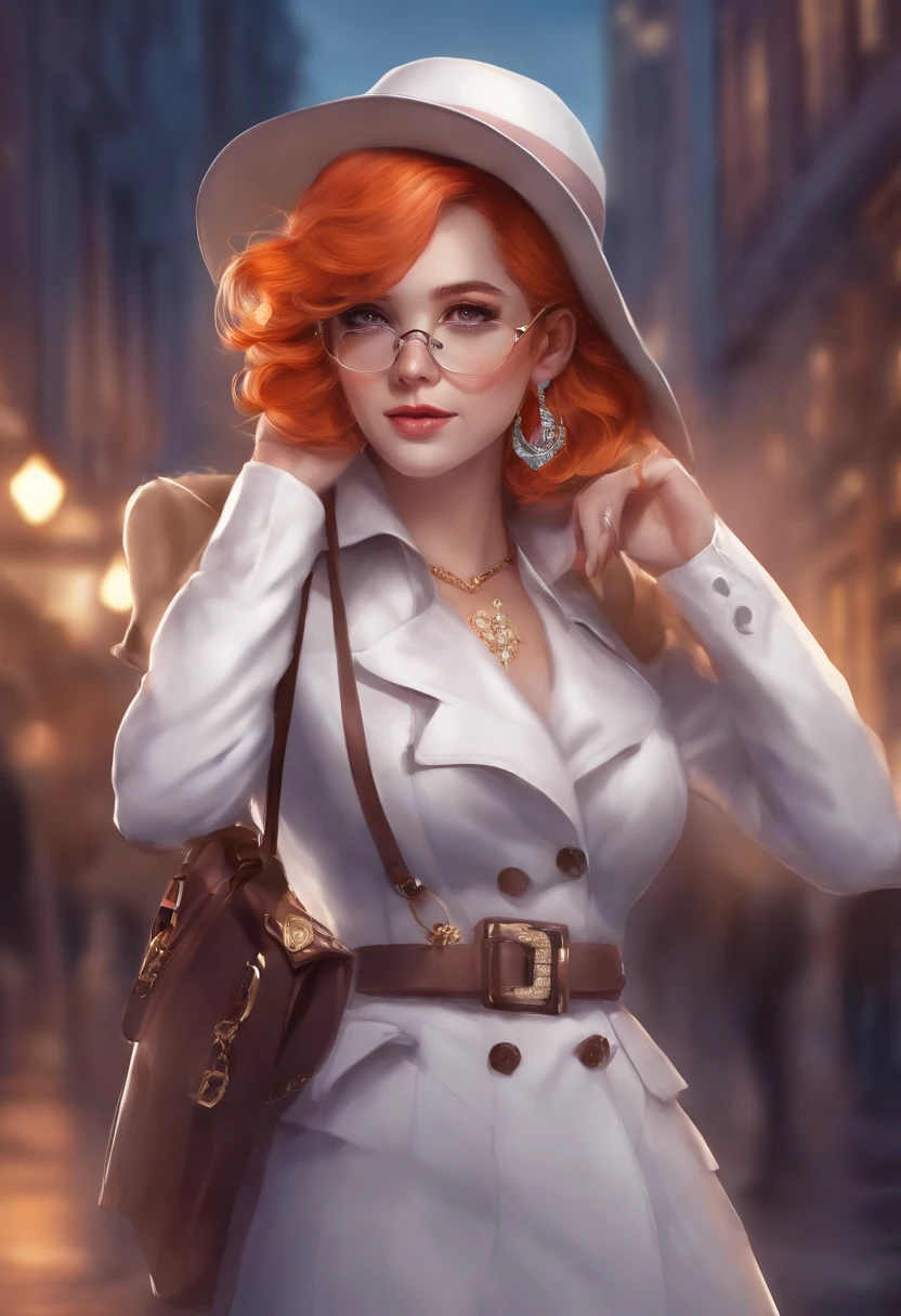 1girl, solo, yorigami jo'on, orange hair, drill hair, eyewear on head, orange eyes, jewelry, bow, white dress, purple jacket, pendant, earrings, hat, standing, hand on hip, looking at viewer, one eye closed, smirk, outdoors, city