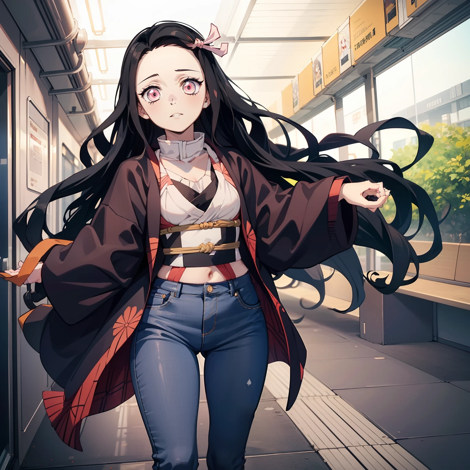 1 Girl, Nezuko Kamado ( Kimetsu no Yaiba) , tight Jeans, Black Shirt, small breasts, Holding Bag , inside a Train, Standing,