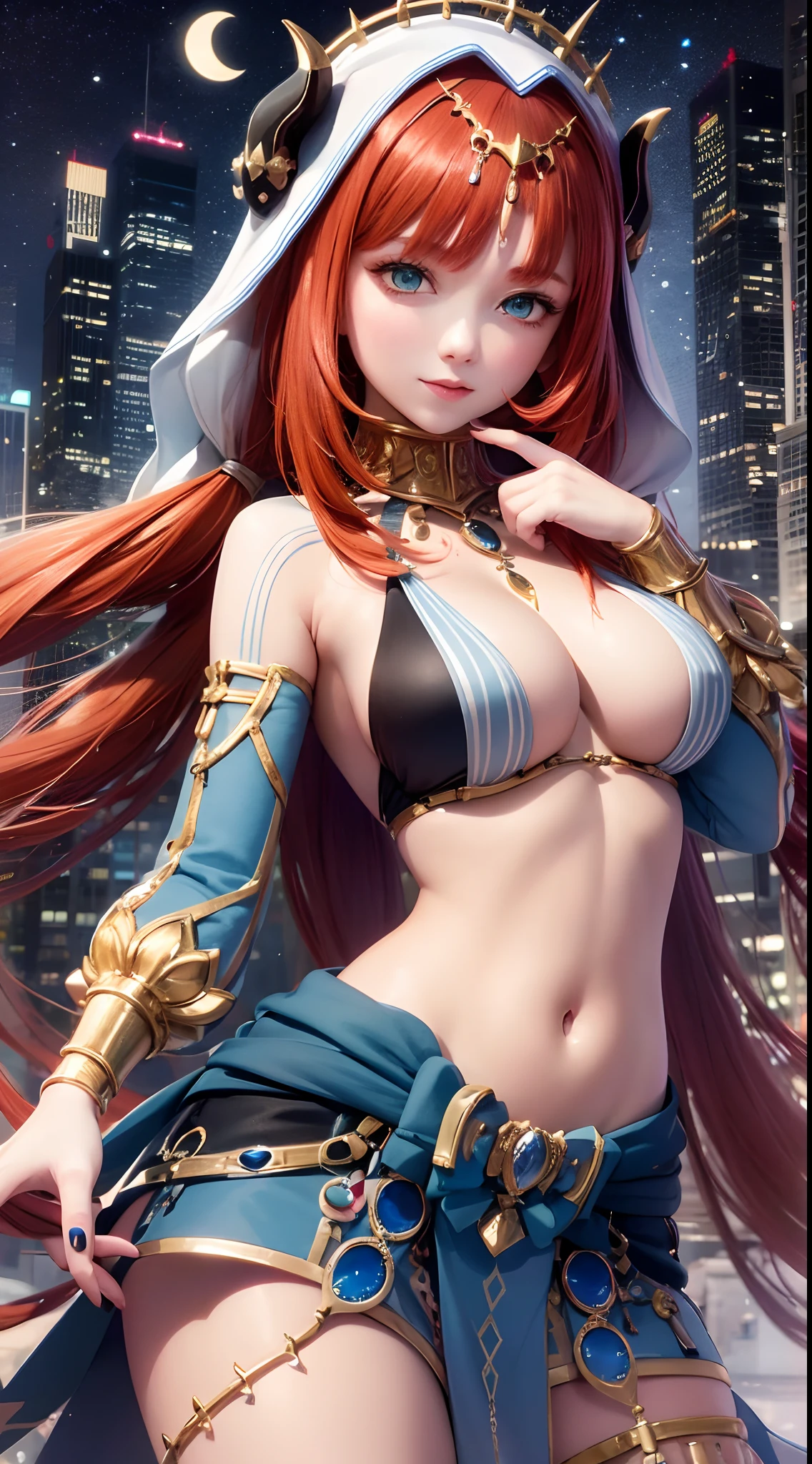 Best quality image , Young woman , 21 years old , bright red hair , beautiful detailed face , beautiful figure , lush breasts , miniskirt , female assassin , with two short swords in both hands , full-length on the roof in the moonlight --auto --s2