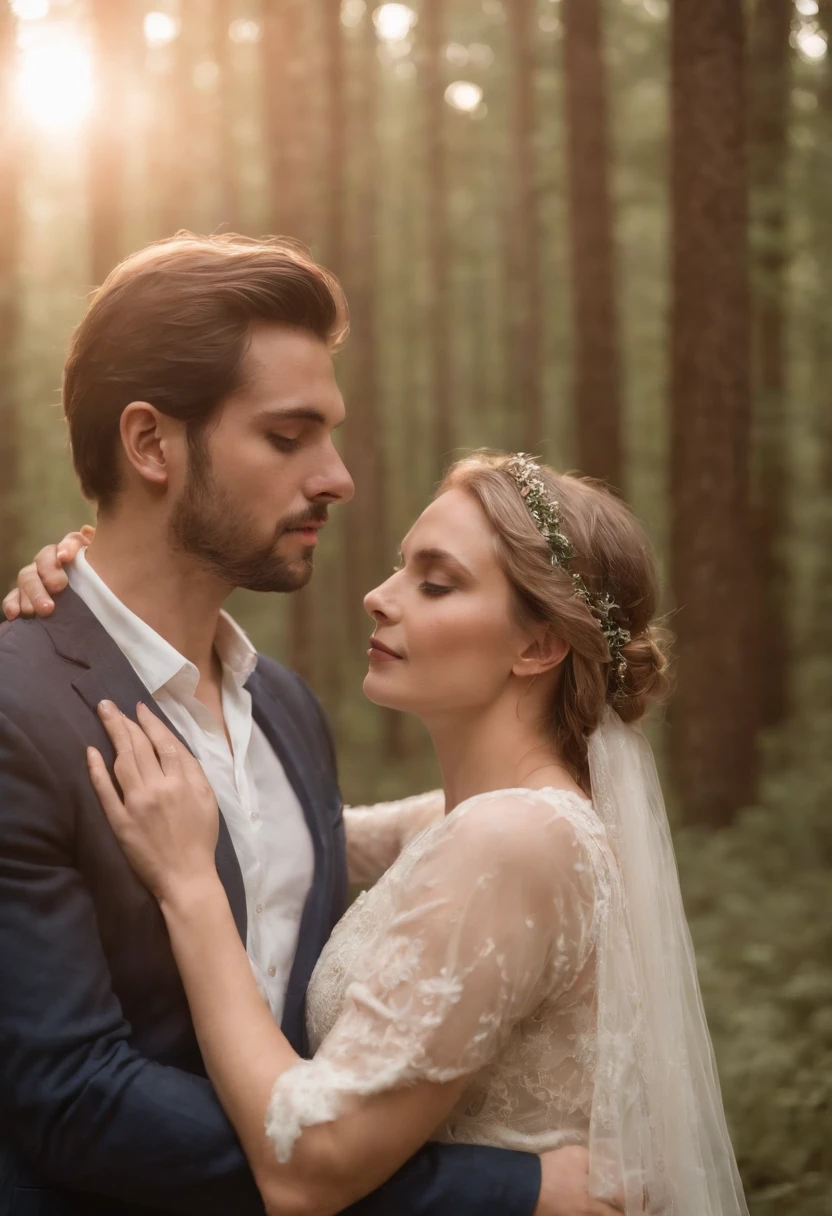 A man and a woman embracing in the forest, em uma floresta de conto de fadas extravagante, retrato de casal, fotografia editorial refinada, Colocados, Directed by: Emma Andijewska, foto de retrato, monia merlo, Wlop e Ross Thran, retrato de casais, noivos, pose de casal, dreamy and ethereal, ethereal beauty, incredibly ethereal, Lovely couple, soft golden hour lighting