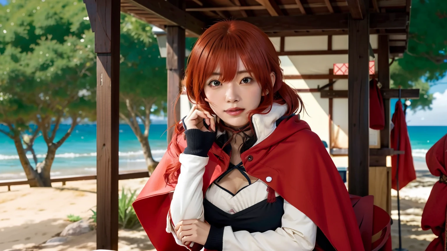 Sit on the beach, Little anime girl with red hair and red cape, mushoku tensei, Ayaka Genshin Impact, ( ( ( yoshinari yoh ) ) ), megumu okada, Shirabii, Rin, popular isekai anime, in the anime film, Isekai, Mai Yoneyama, katsushika, cunning expression