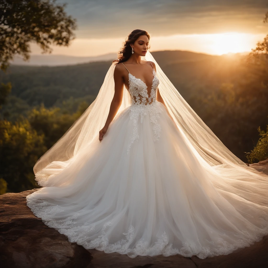 A vision of ethereal beauty, the wedding dress glimmers with delicate lace and shimmering sequins. The flowing train cascades behind, like a river of pure white. A symbol of love, hope, and the promise of forever.
—c 10 —ar 2:3