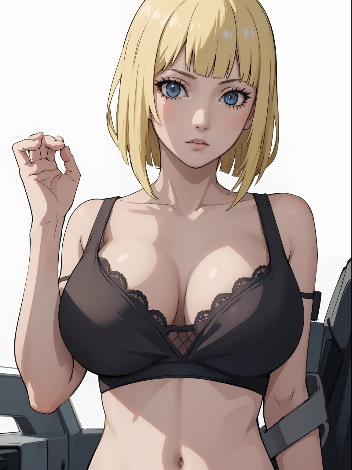 Best quality, masterpiece, ultra high res, 1girl, sexy, in the dark, deep shadow, low key, cold light, milf, dynamic light, cinematic lighting, cinematic lighting, down blouse, mature woman, middle parted hair, nsfw, natural breast, big breast, large breast,upper body, milf, nsfw, final fantasy, blonde, face closeup, face detail, red lips detail, white background, samui