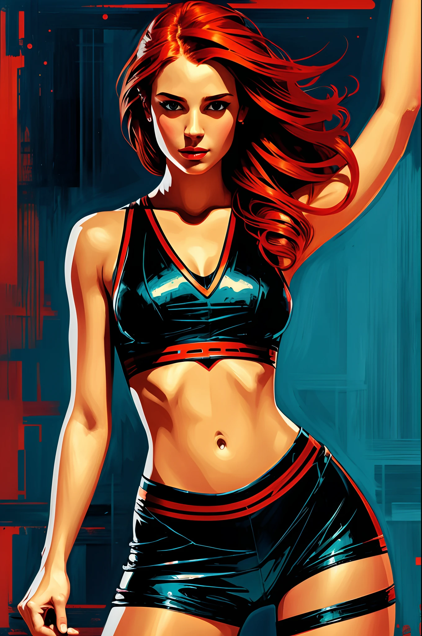 redhead girl, amazing body, Random Pose, Dressed, ((lineart)),(simple),High contrast,Sharp,2 bits,(((Vector graphic logo in the center))),Contours of Boris Vallejo,negative space,stencil,Popular on Dribbble, ((red hair)), Stunning, Highly detailed, 8K, ornate, Intricate, Cinematic, dehazed, atmospheric, (oil painting:0.75), (headband:0.75),(teal:0.2),(Orange:0.2), (by Jeremy Mann:0.5), (by John Constable:0.1),(by El Greco:0.5),(acrylic paint:0.75), 8K