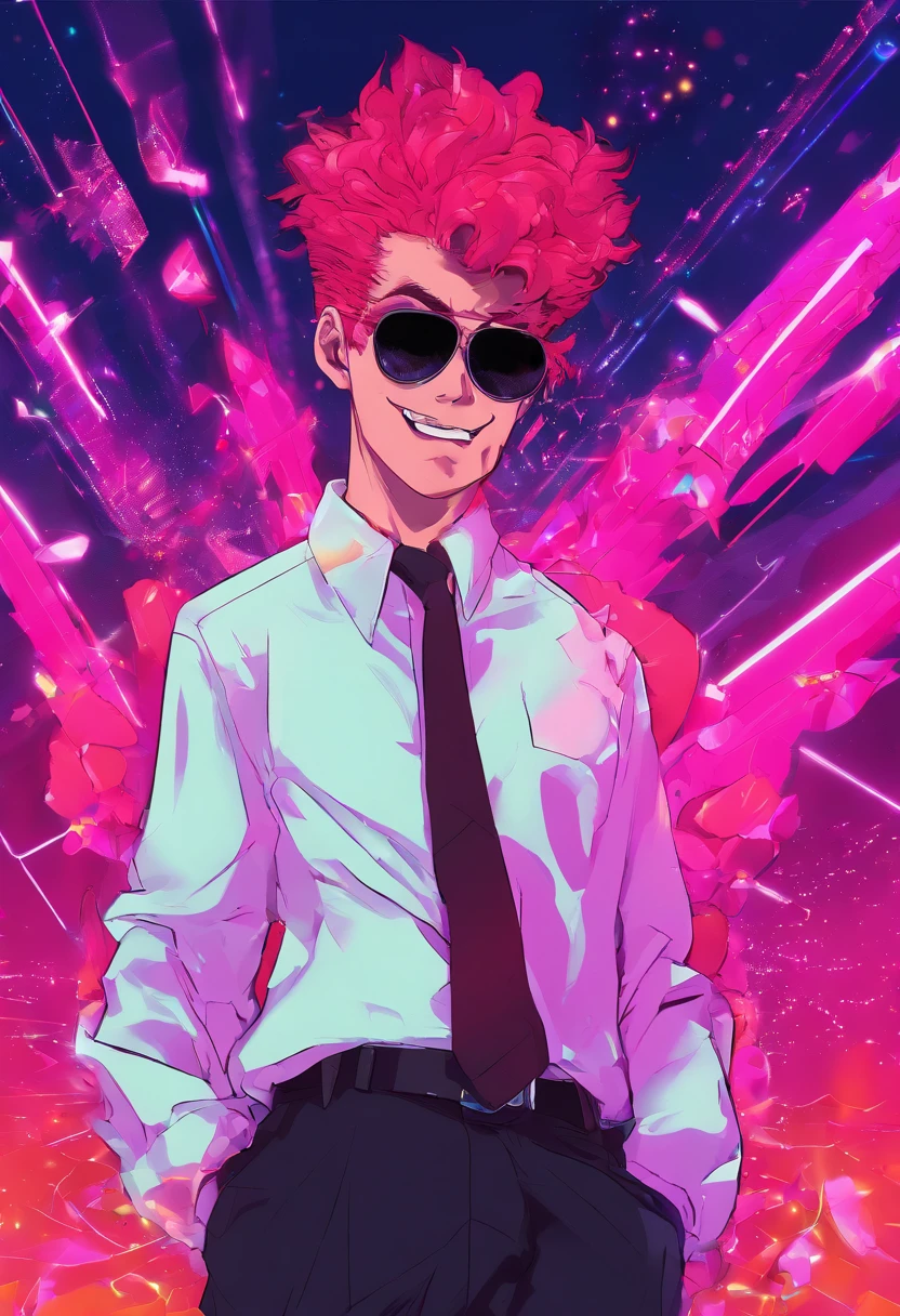 cartoonish style,helltaker,Guy with legs,in a red tie,wearing sunglasses,in a black suit with a white blouse,badass pose,Hand in hand,blushful,hell,Gay image,Black hairstyle,open mouth,Sparkles