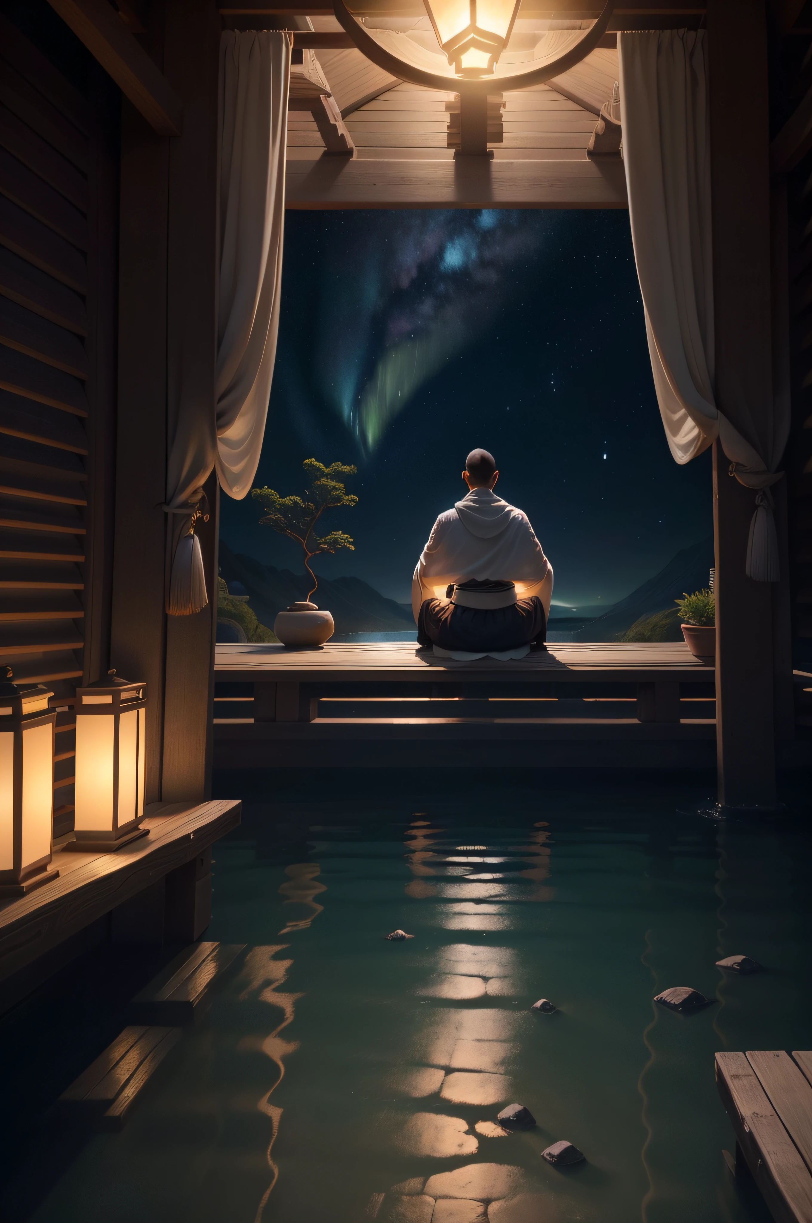 man sitting in a meditation position, a espaldas el universo, via lactea, aurora polar, spiritual enlightenment, Monje medita, Hombre santo mirando hacia el suelo, hindu stages of meditation, tu mente contemplando la eternidad, 2 Monje del siglo 1, orar meditando, Wise old Indian guru, zen meditation, Monje budista meditando, On the road to enlightenment, Uplight, iluminado, Spiritual evolution Ancient Chinese architecture, cold colors, noche oscura, luna, sode, bamboo, lago, tree, agua corriente, paisaje, al aire libre, cascada, hierba, roca, niebla densa, (illustration: 1.0), epic composition, detalles HD, obra maestra, mejor calidad, (muy detallado CG Unity 8k fondos de pantalla) , Size
2048X1392 --v 6