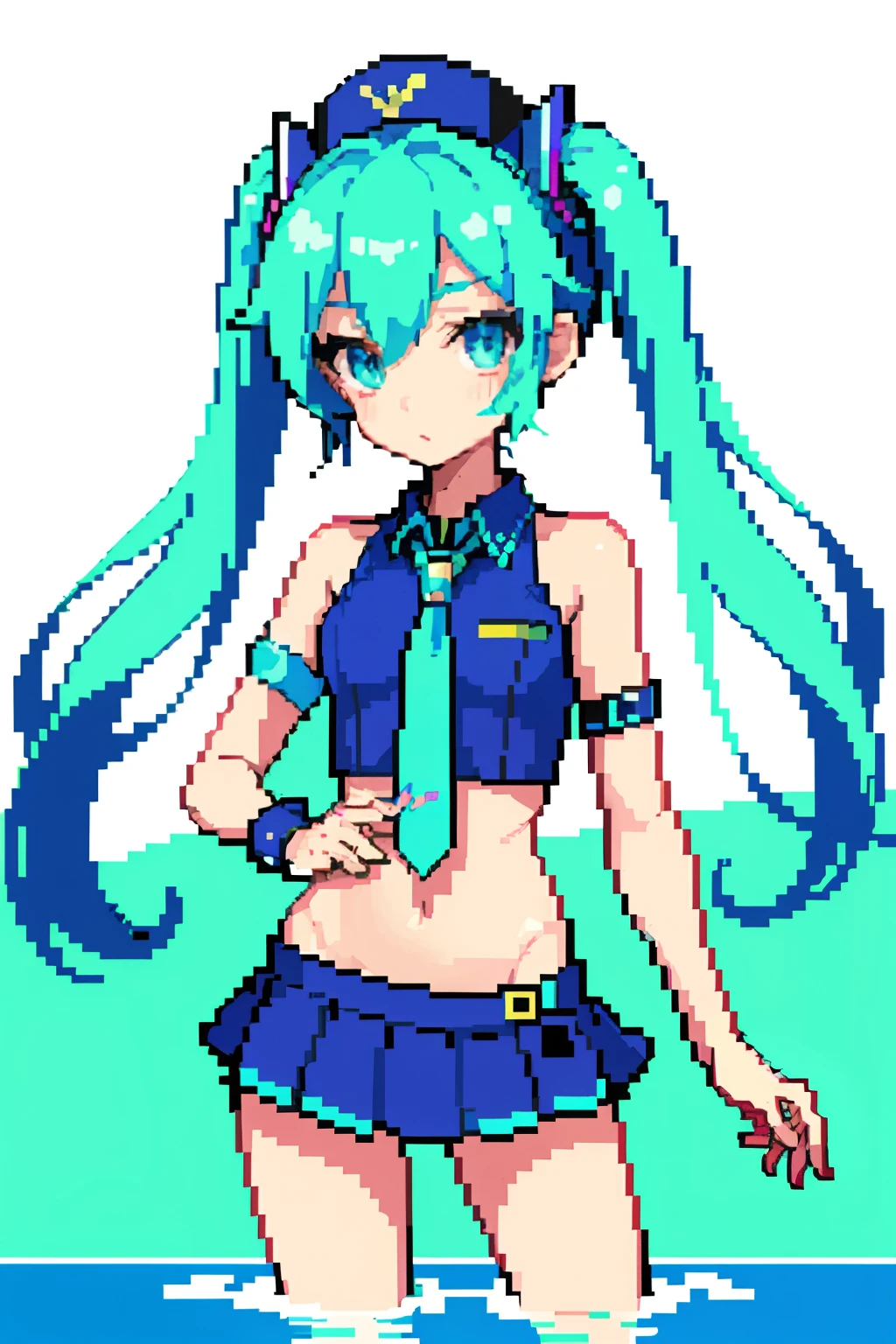 (tmasterpiece,top Quority,best qualtiy),pix,pixelart,1girll,full bodyesbian,hatsune,swim wears,saberface