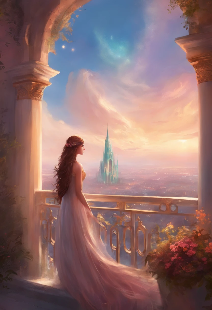 Dark-skinned woman in a long blue dress climbing the stairs to the sky