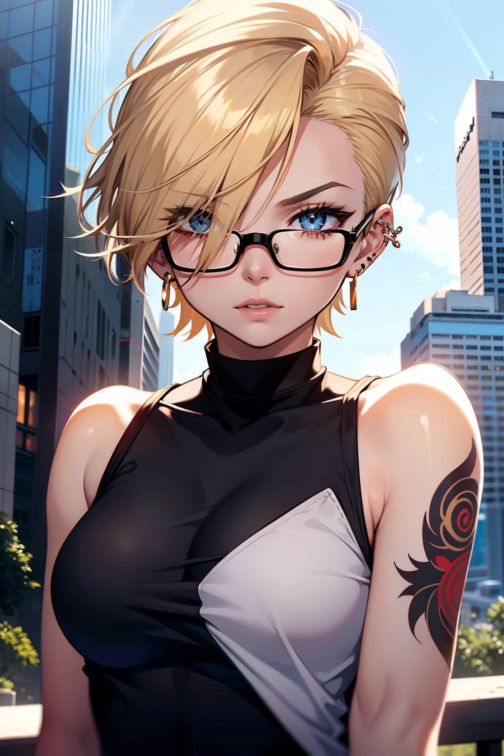 young woman, riley nixon haircut, shaved hair, blonde hair, very short hair, bald, white tank t-shirt shirt, red moon tattoo, right arm tattooed, wearing glasses, blonde hair, riley nixon haircut, lipstick Black, piercings on the face, on a skyscraper, Looking at the viewer, Storm city, 4k
