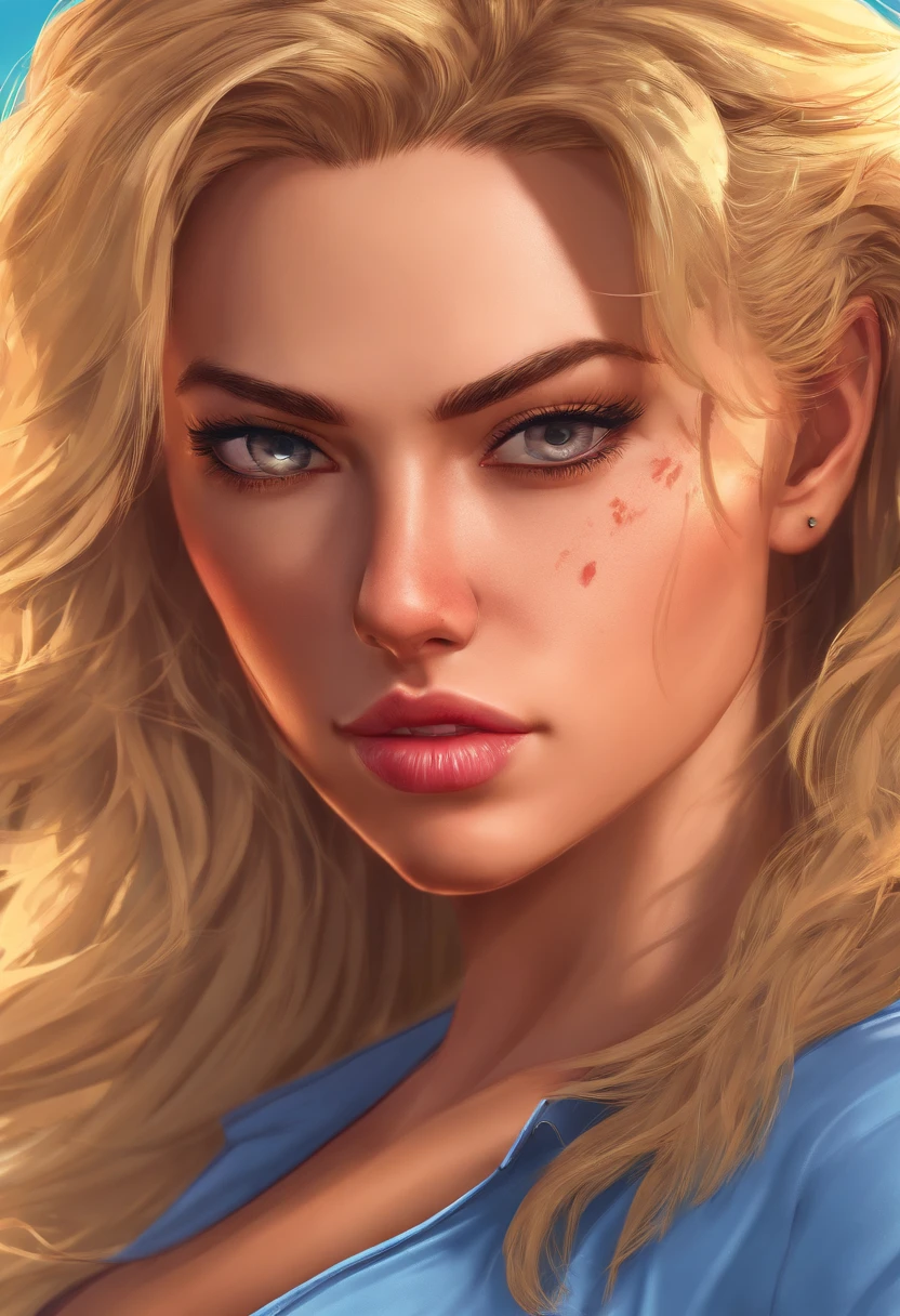 HD quality, maximum detail, macro portrait full body of the beautiful woman, field depth, perfect woman, 25 years, hair covered the breasts, makeup, long hair, perfect face, pretty mouth, pretty nose, sensual woman, totally gorgeous, face with sarcastic expression, caucasian, blond hair, evil look, v-shaped shirt, realistic, details, style: Detailed photo
