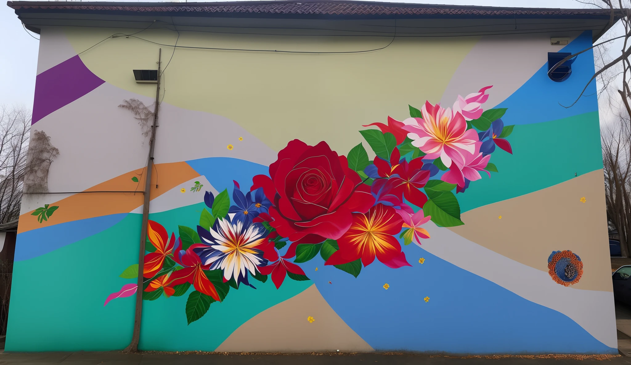 mural of a rose and leaves on a colorful wall, by Naza, mural art, by Yi Insang, by Craola, by INO, intricate mural, by Bascove, wall painting, floral explosion, by Noe Canjura, urban art, colorful mural on walls, art on walls, very neat, by Puru, masterpiece work of art 8k HD UHD HQ Original Size