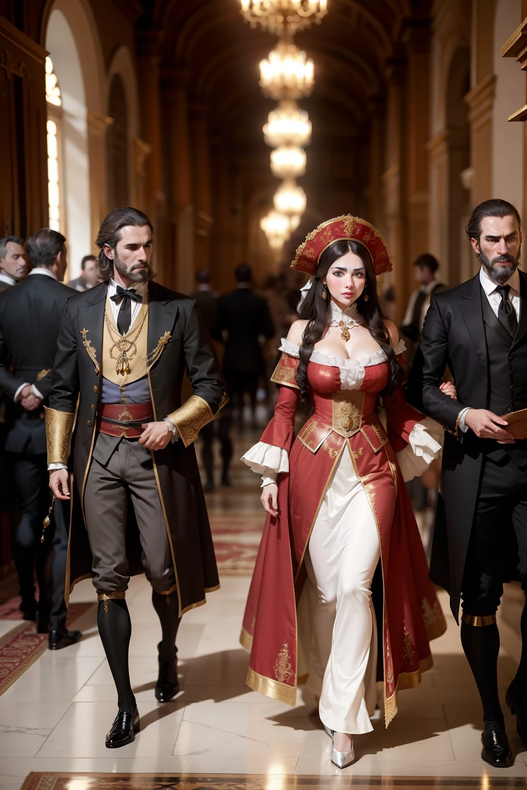 Spanish nobles of the seventeenth century, in a sumptuous party held in the halls of a Spanish Palace