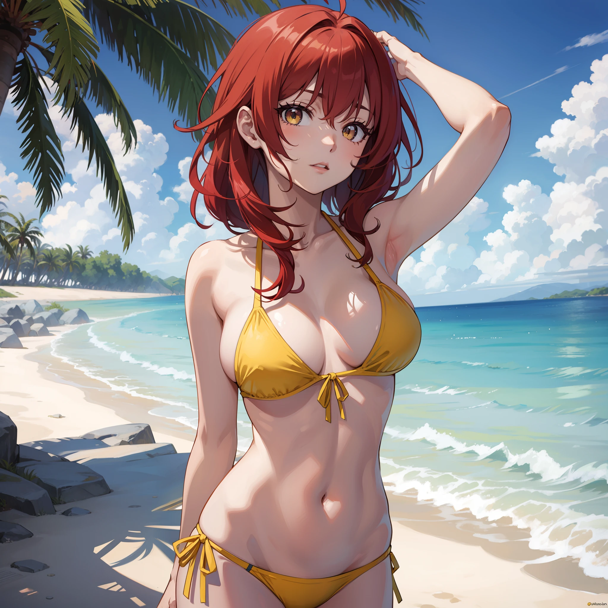 Anime girl, red hair, yellow bikini