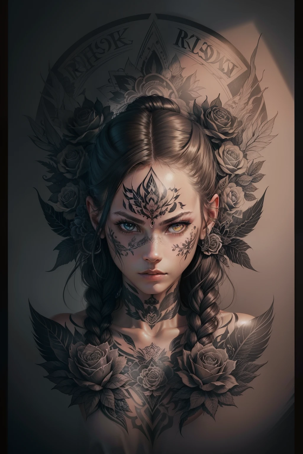 (Best quality:8K, A high resolution), a flat chest, , neck tattoo, hand tattoo, Gothic style, Bright, Adorable, perfectly symmetrical, First half, Intricate accessories