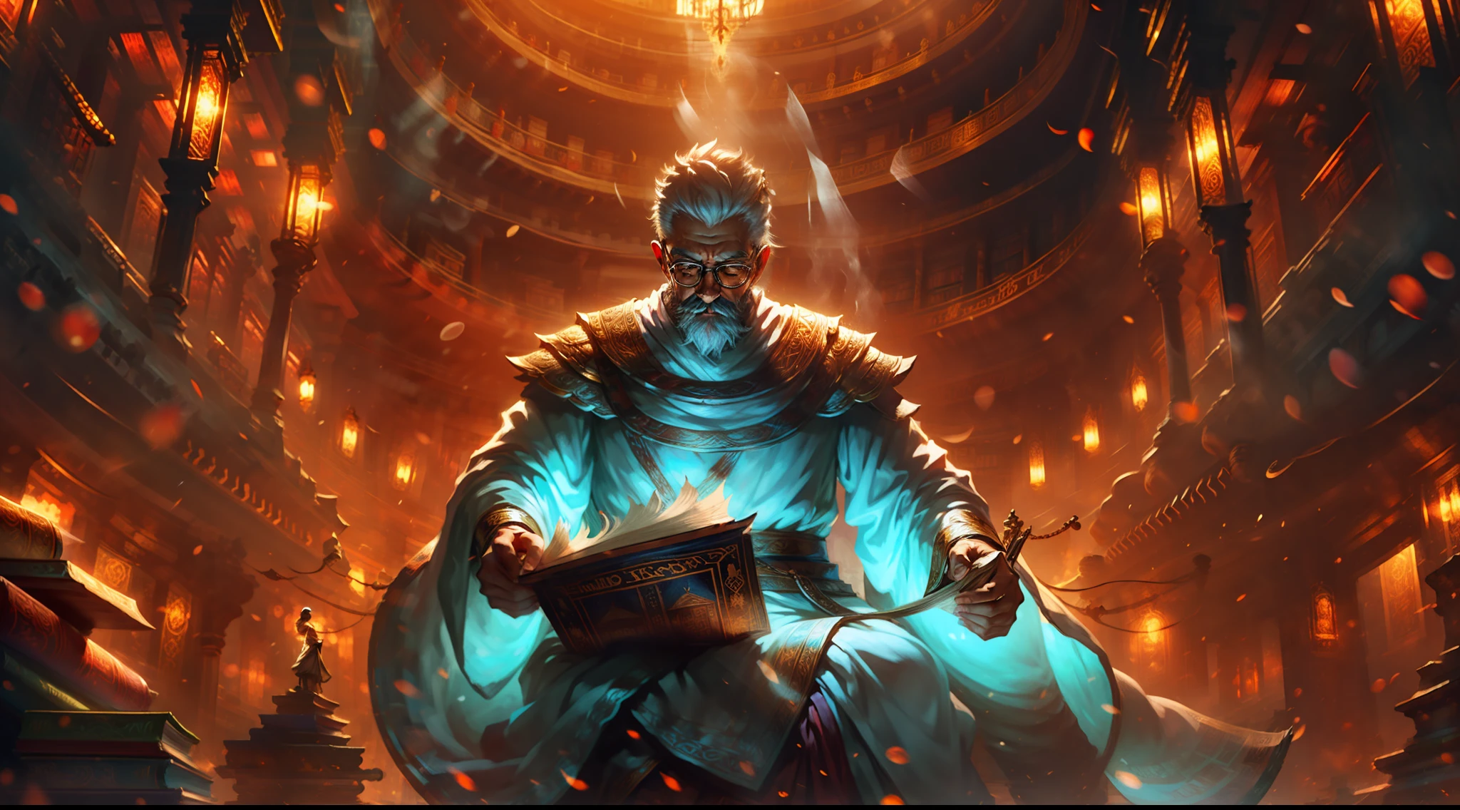 wise man reading a book inside an ancient library